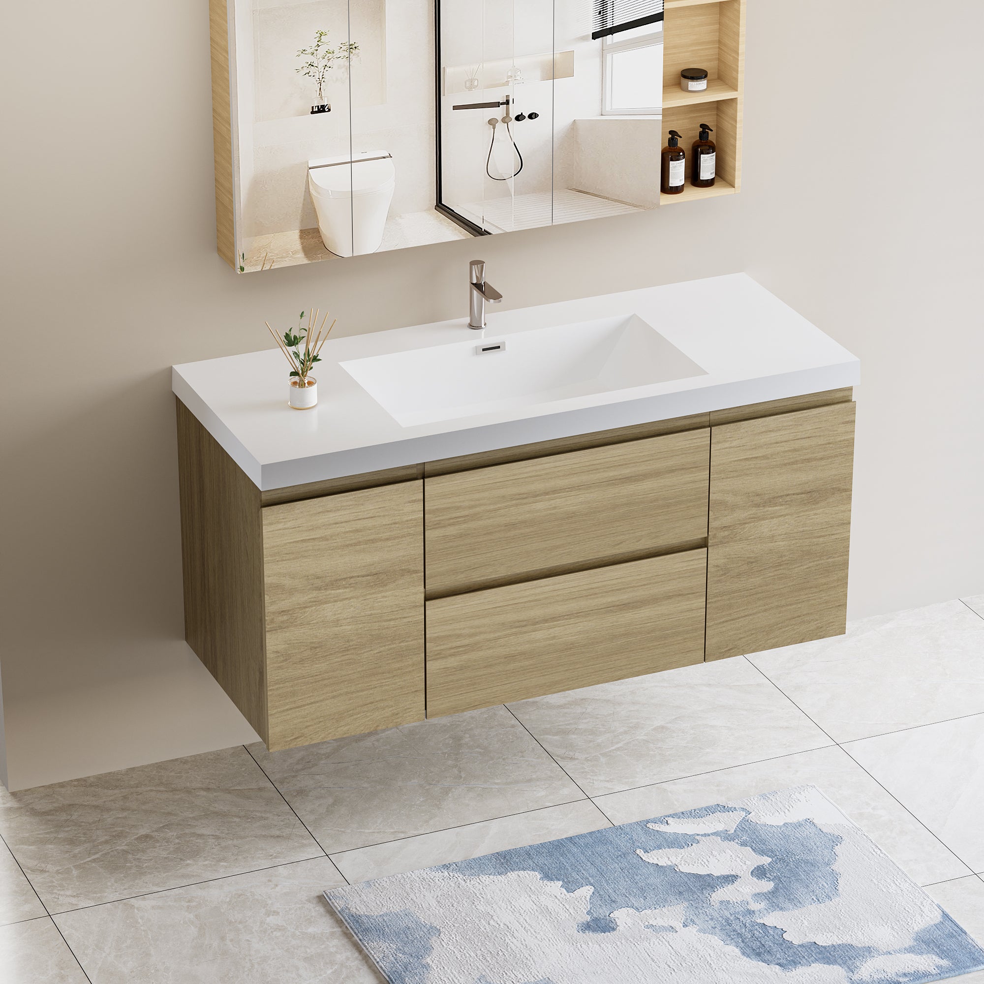 48" Floating Bathroom Vanity: Oak, Modern Design