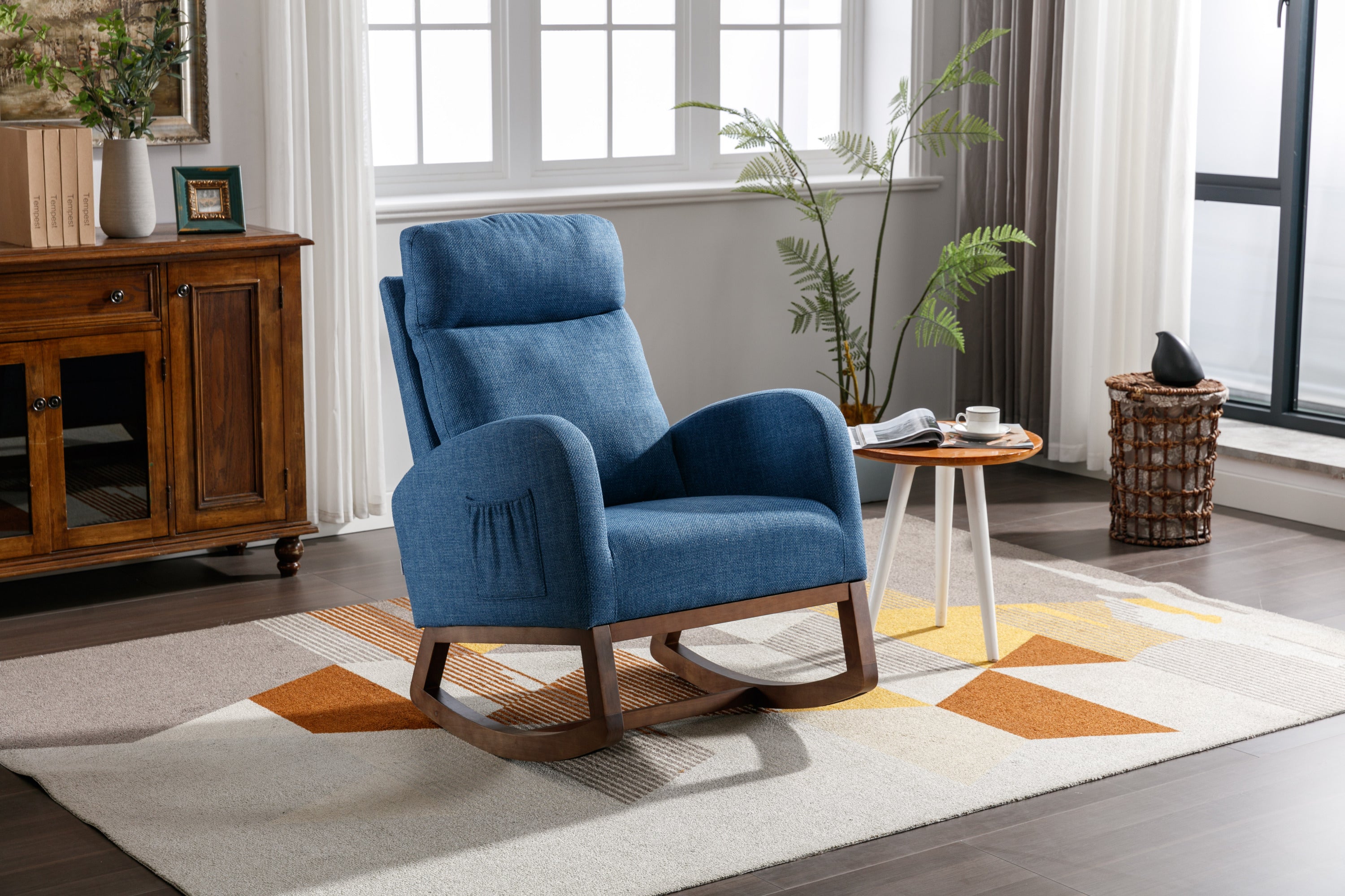 Modern Rocking Chair, Blue Linen