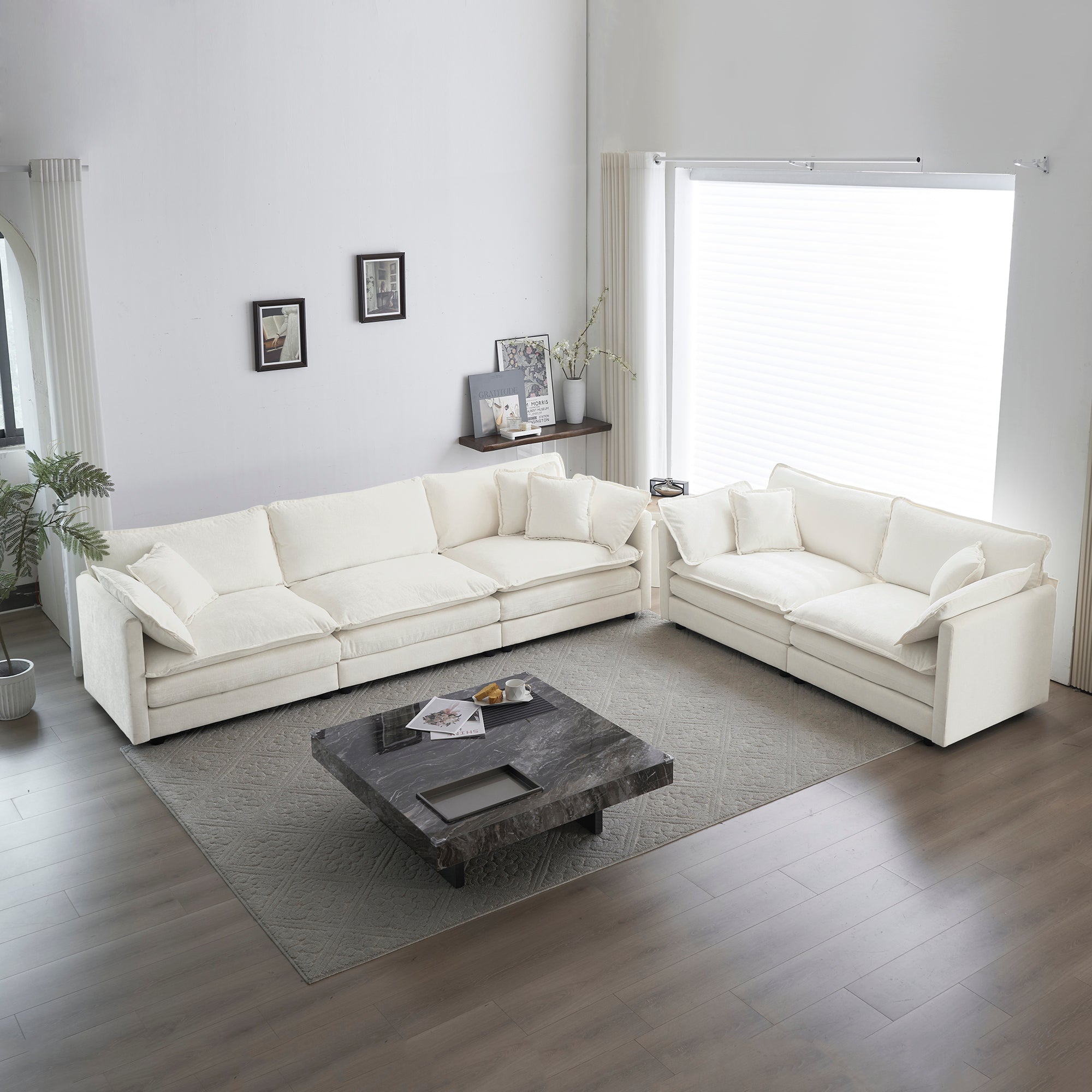 White Chenille Sofa Set: 2+3 Seater Couch