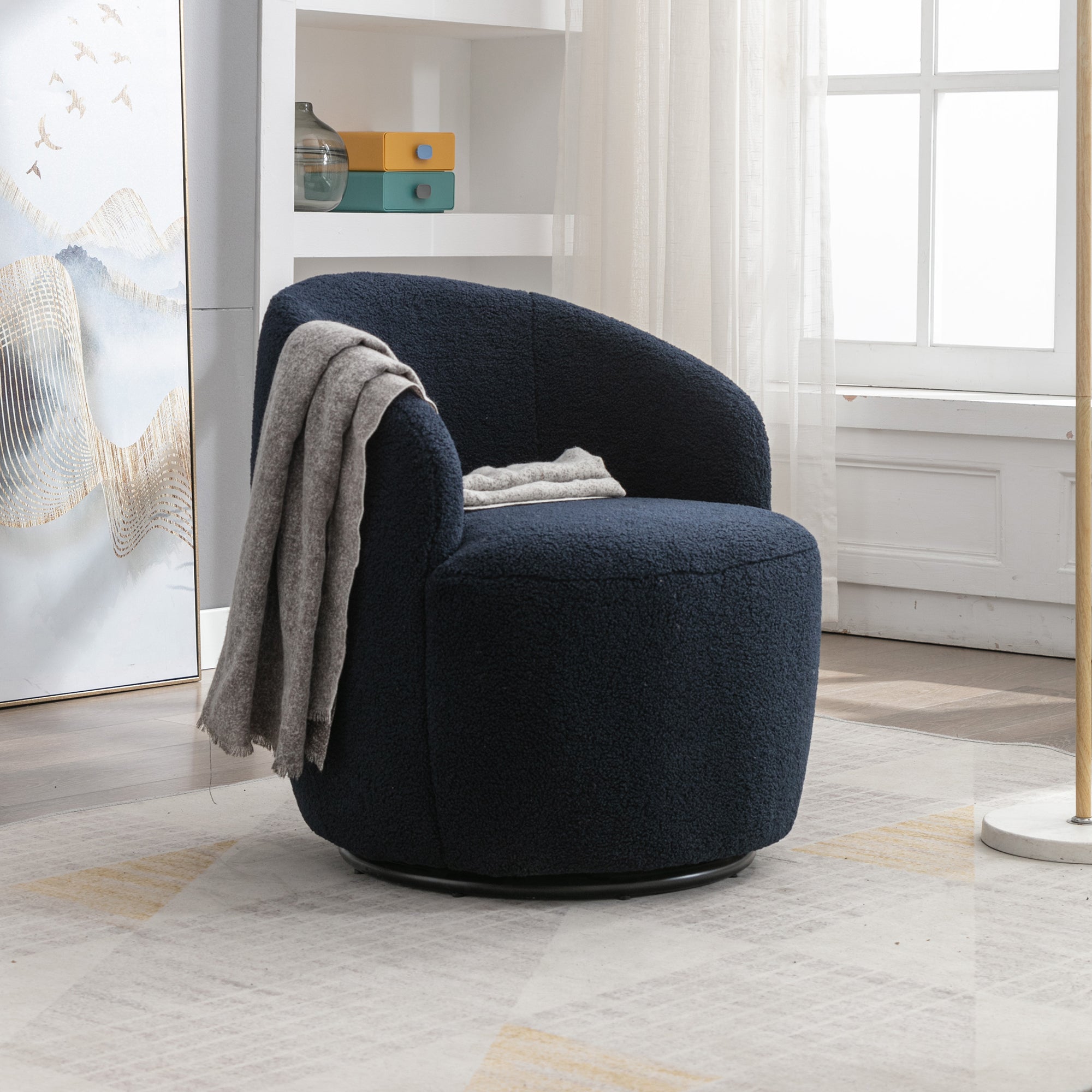 Dark Blue Teddy Fabric Swivel Barrel Chair