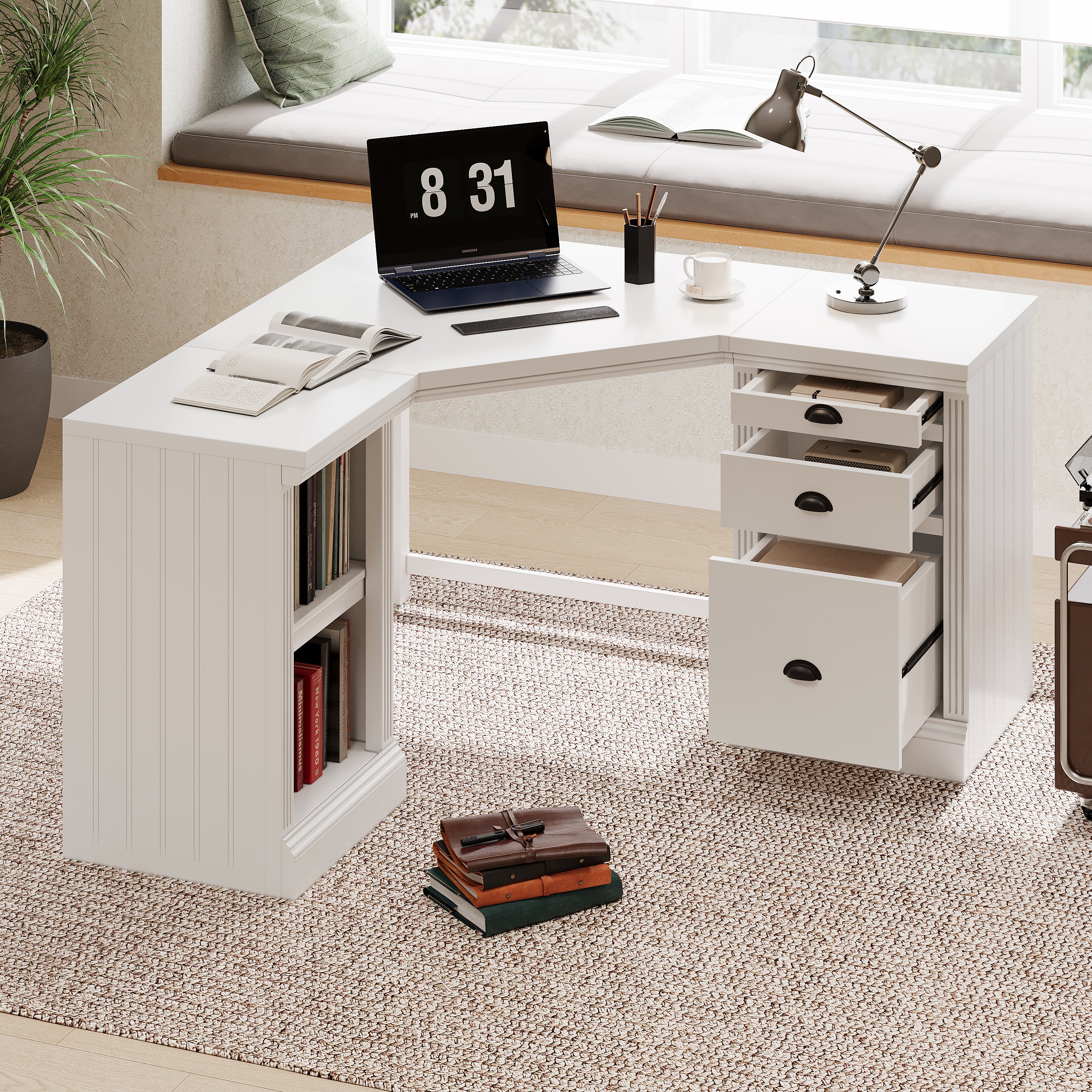 Modern L-Shaped Executive Desk with Storage - White