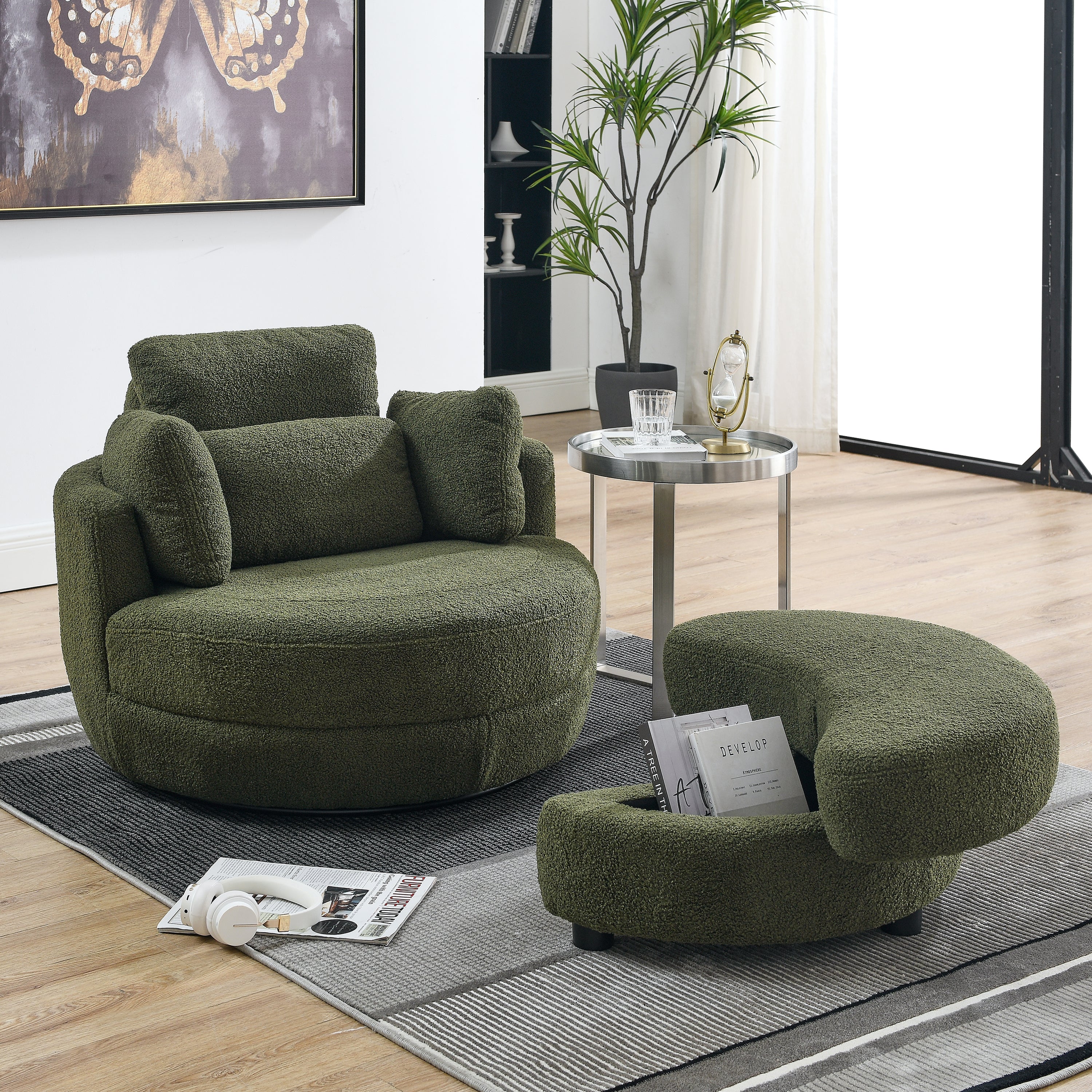 Oversized Swivel Chair with Ottoman & Pillows
