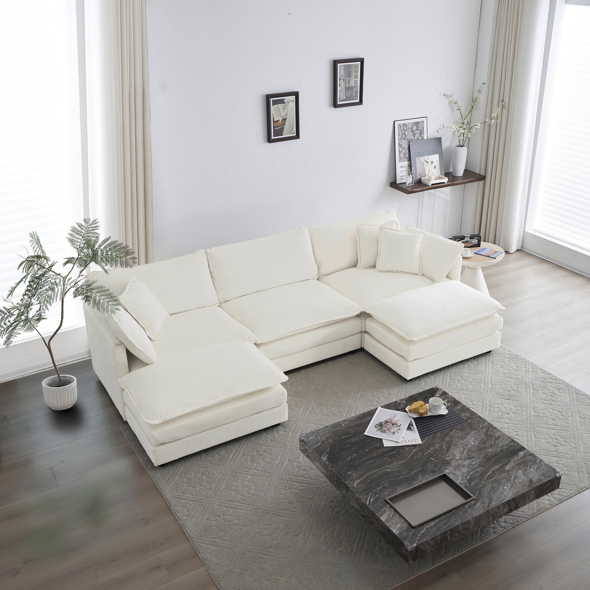 U-Shaped Sectional Sofa w/Ottomans, White