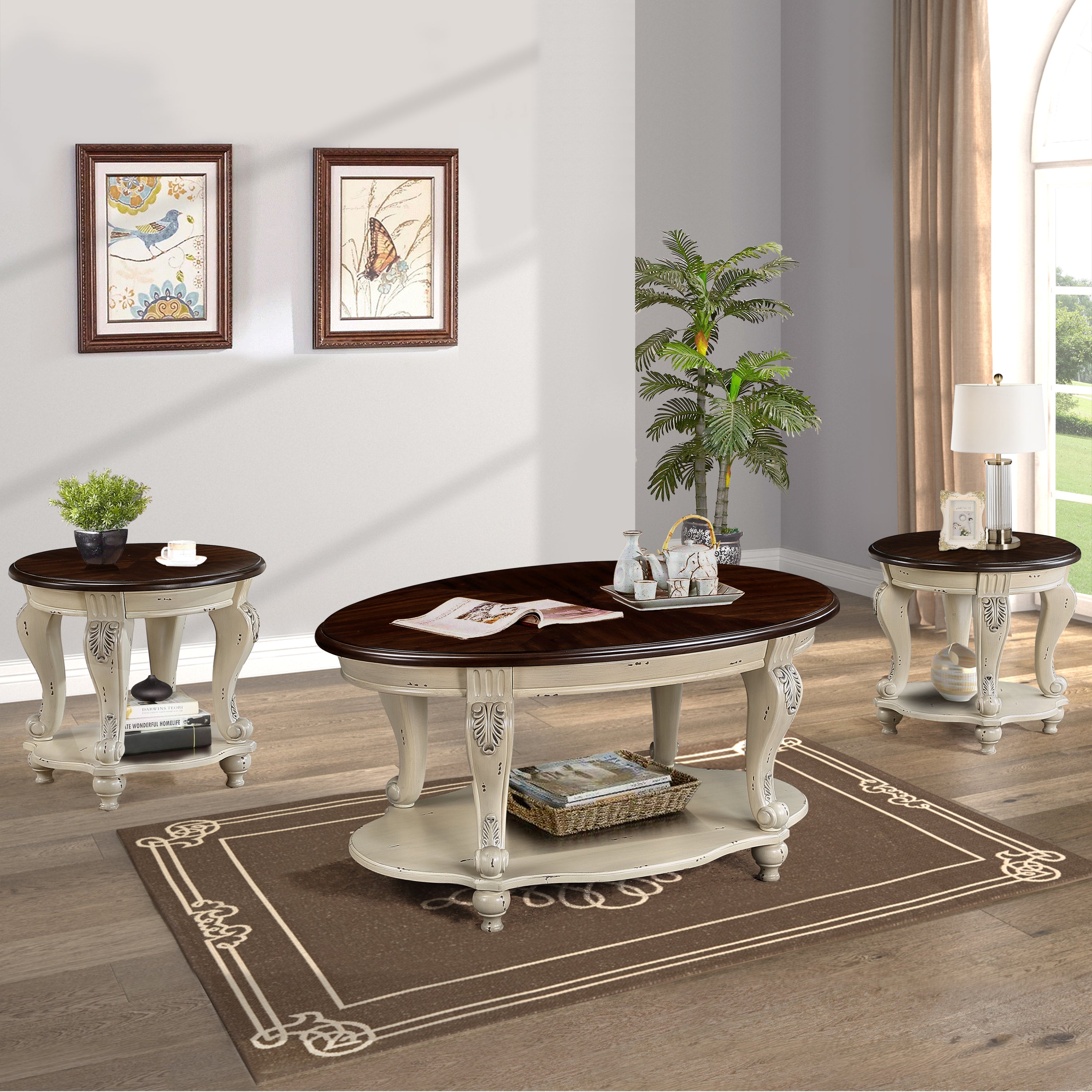 Beige & Espresso Coffee Table Set (3-Piece)