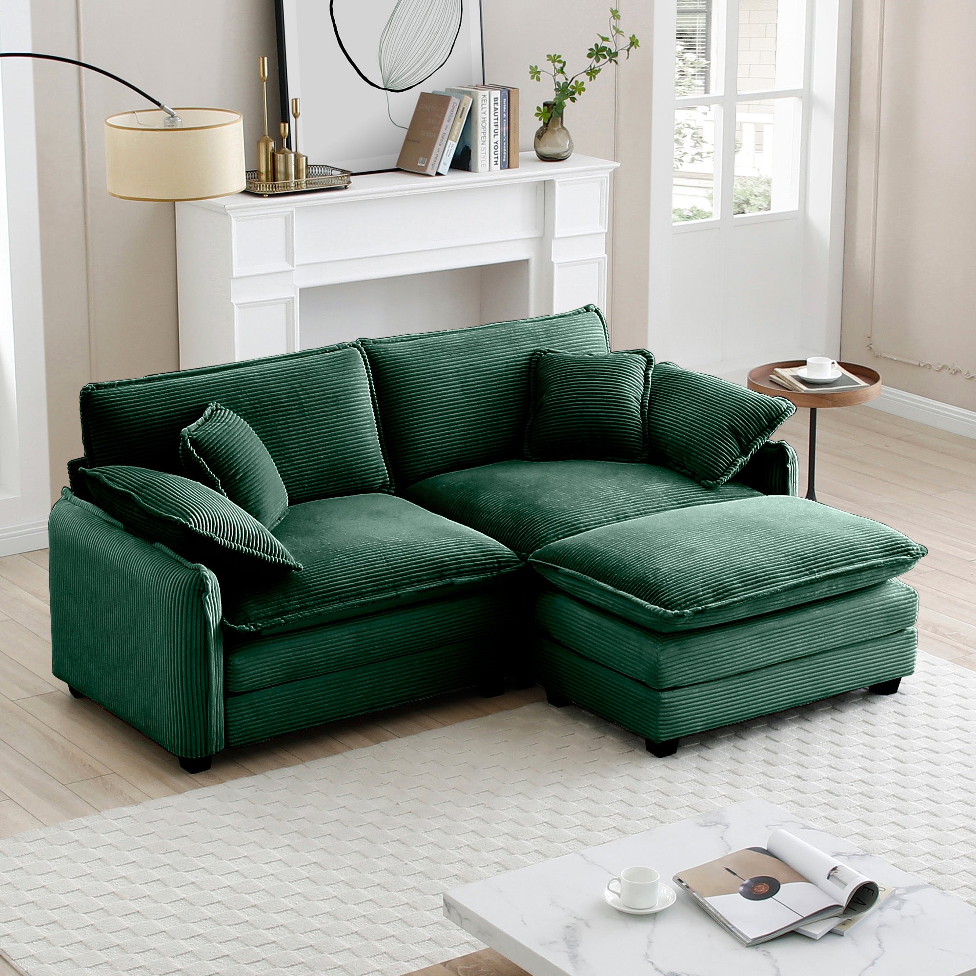 Green Corduroy L-Shaped Sofa with Ottoman