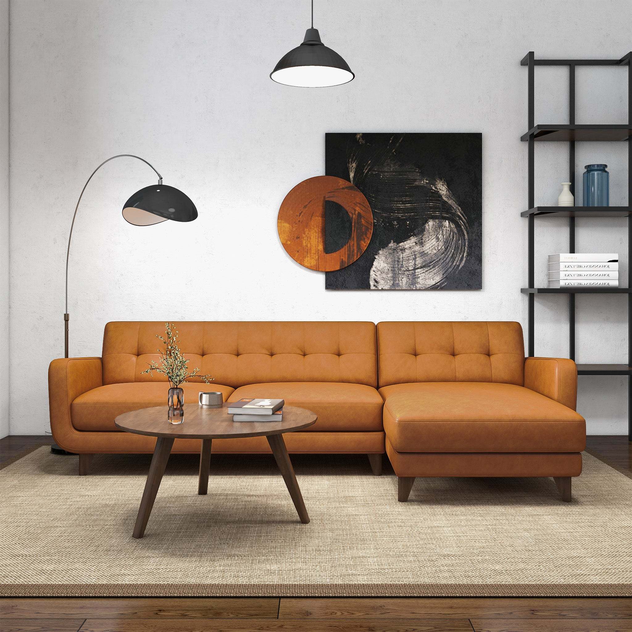 Allison Leather Sectional Sofa: Tan & Right-Facing