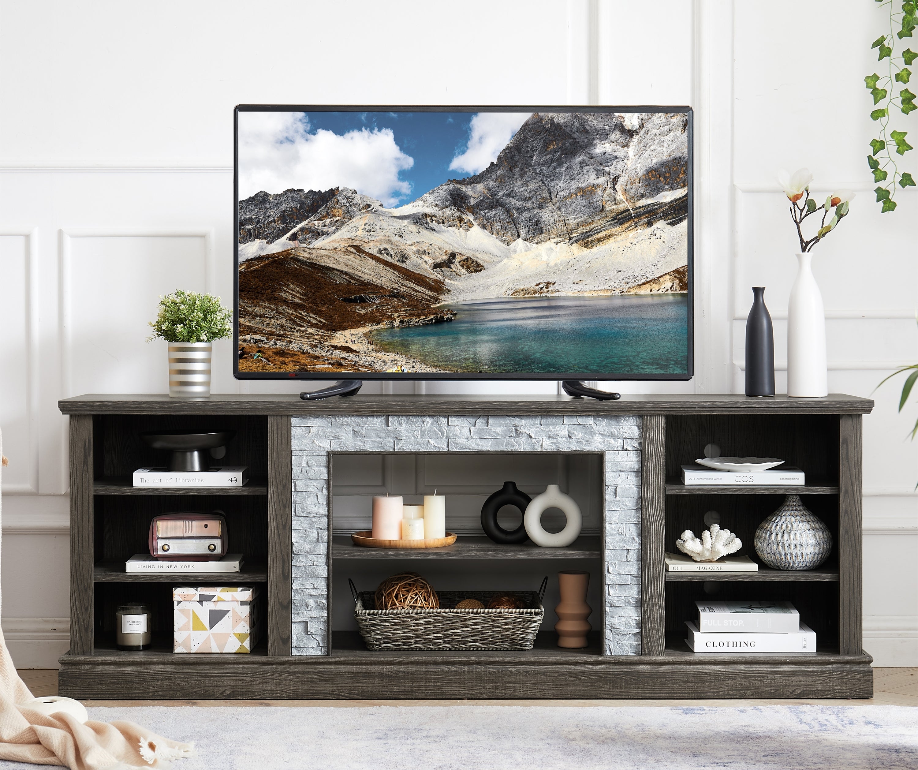 Grey TV Stand with Storage & Faux Stone, 70"