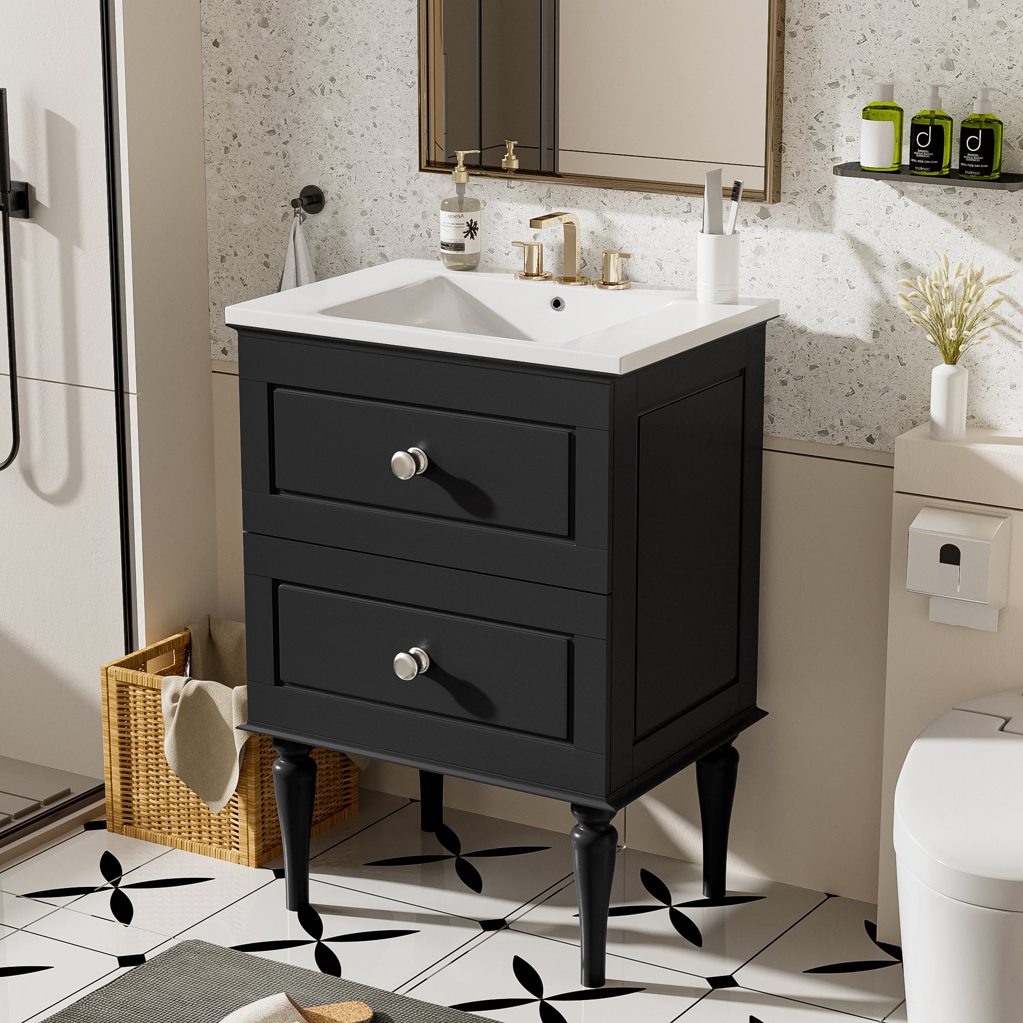 24" Black Bathroom Vanity with Ceramic Sink