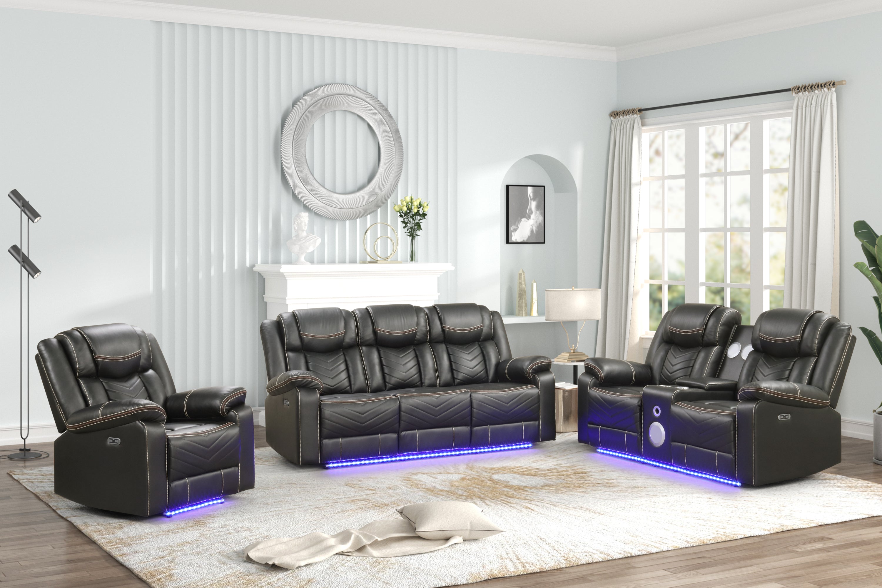 Challenger Modern Contemporary LED Power Recliner 3PC(Sofa + Loveseat + Chair) including cup holders Loveseat with console & Bluetooth speakers made with wood and metal frame in Gray