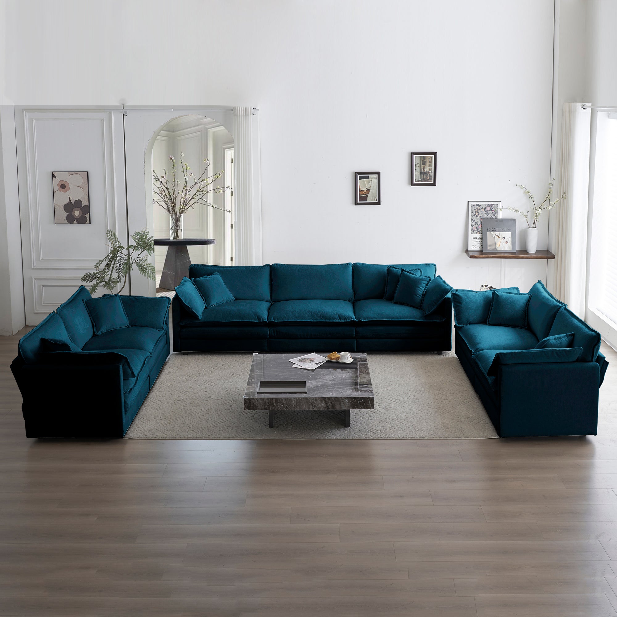 Oversized Blue Chenille 3-Piece Sofa Set