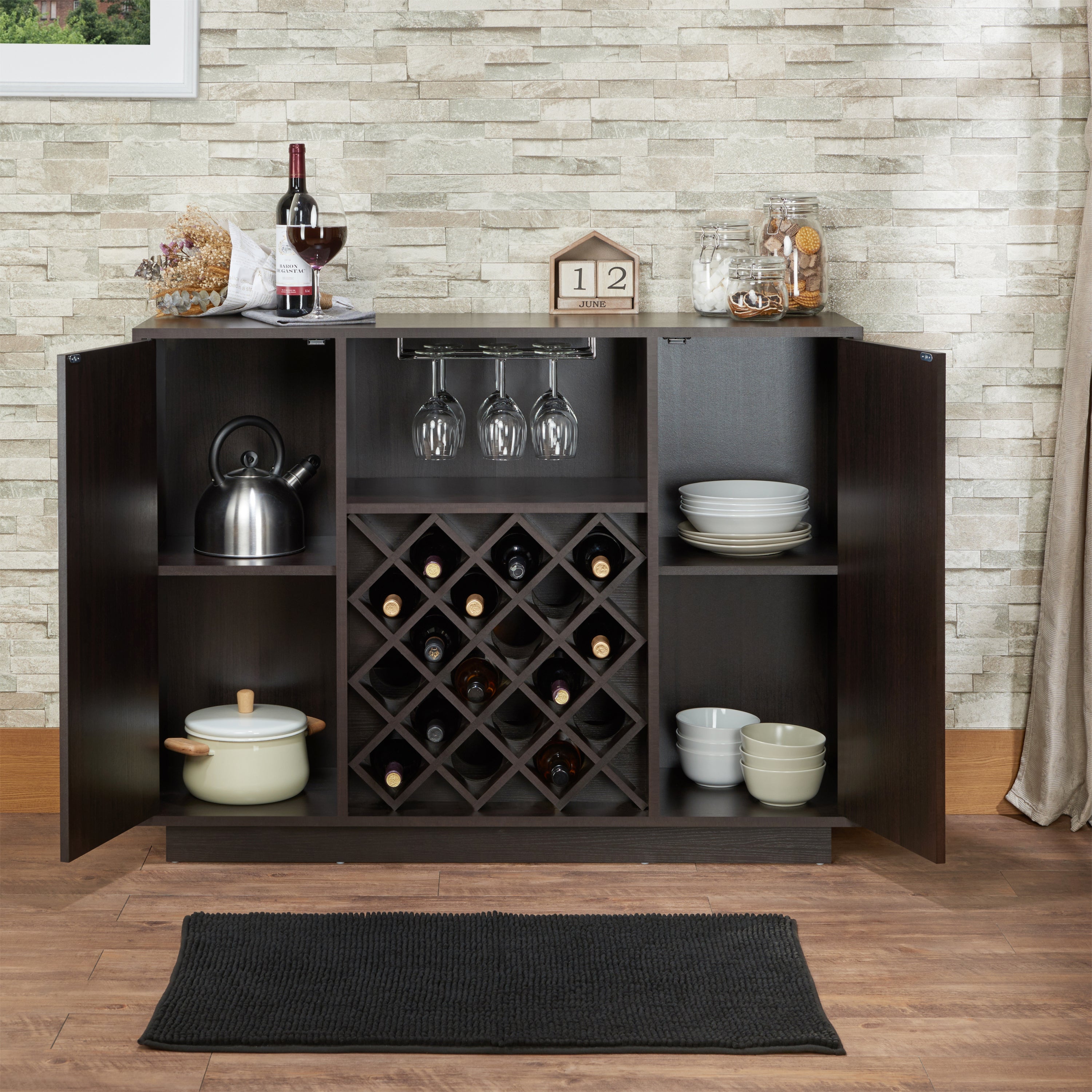Espresso Wine Cabinet: 2 Doors, Stemware Rack