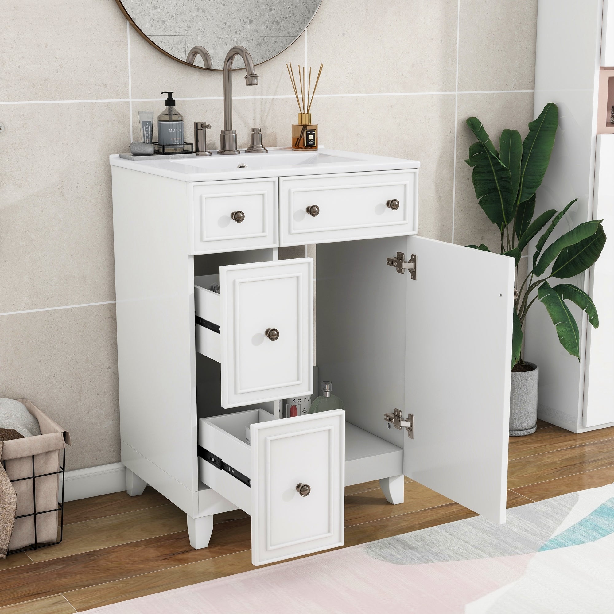 24" Bathroom Vanity: Ceramic Sink, 2 Drawers, Door