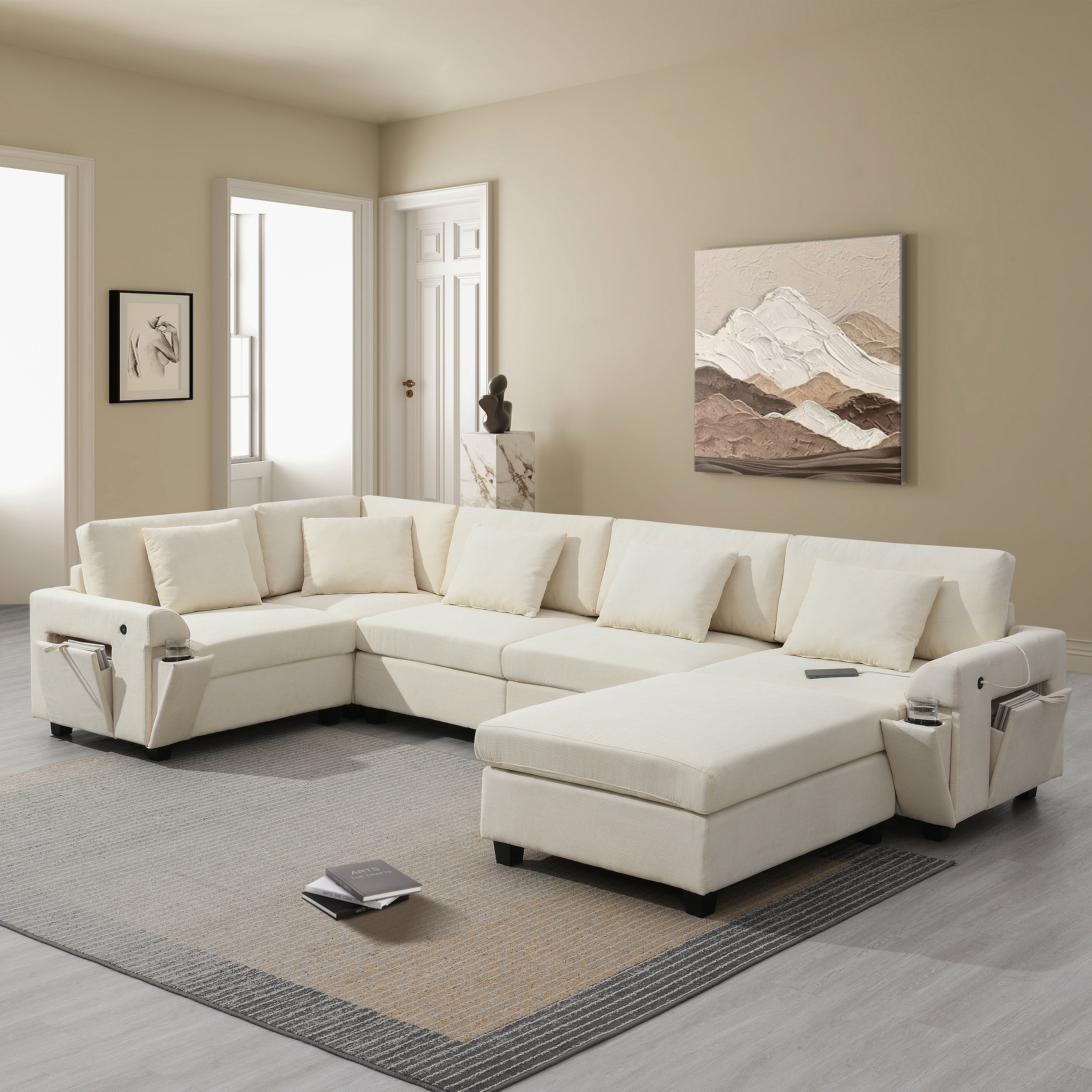 U-Shaped Sectional Sofa w/ Ottoman & Storage (Chenille, 6-Seat)
