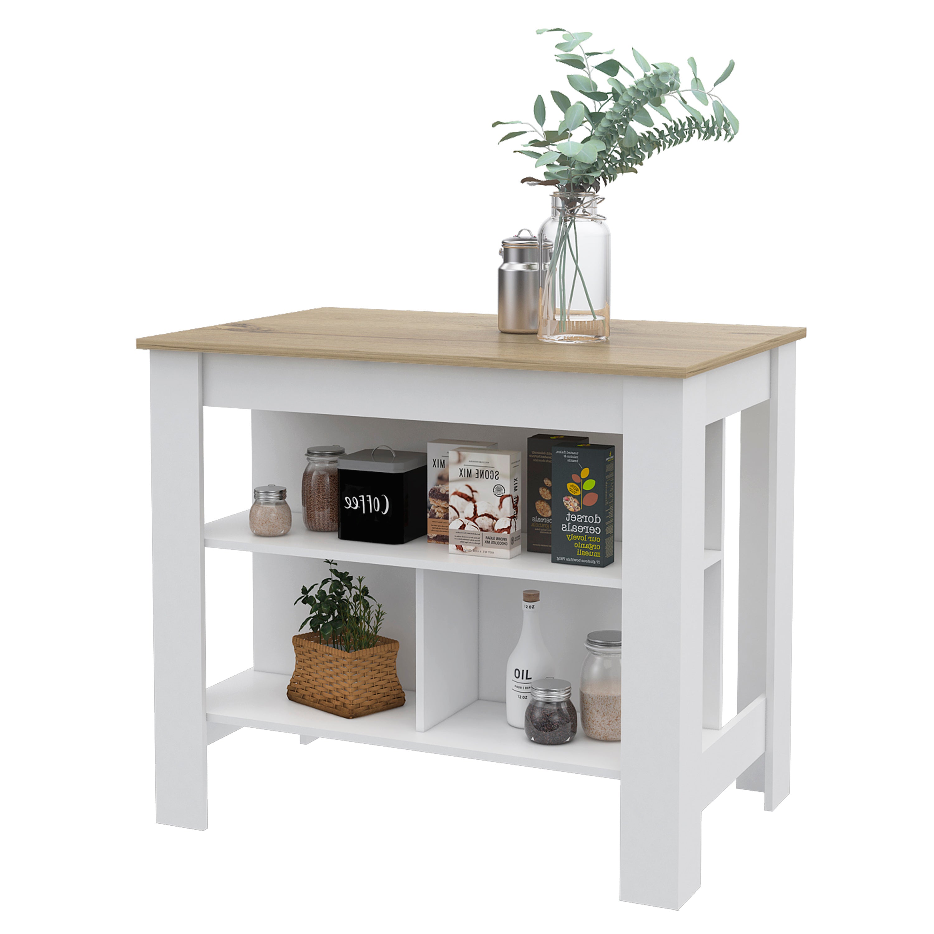 Dozza Kitchen Island: 3 Shelves, White/Oak