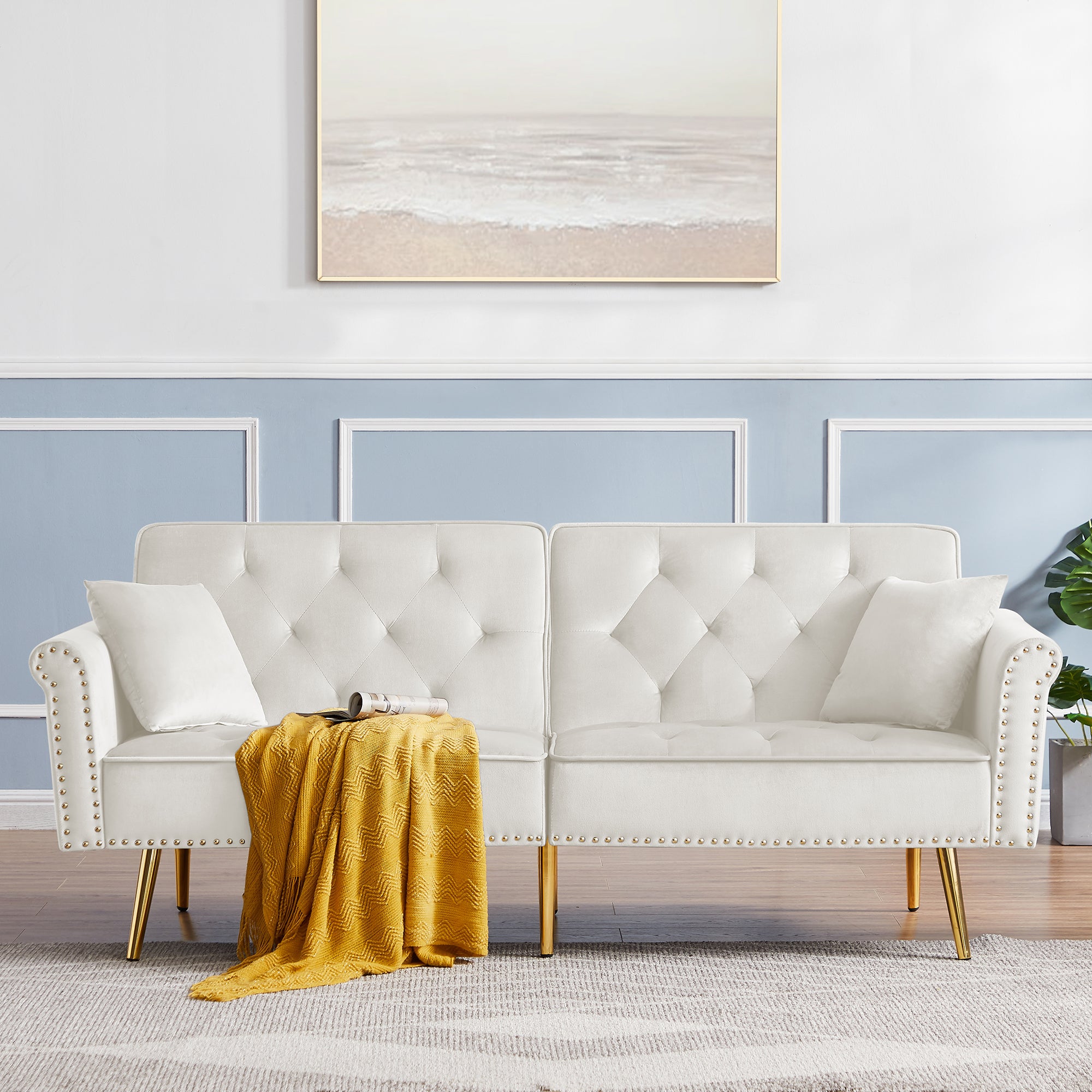 Beige Velvet Sofa: Tufted, Nailhead Trim, 2 Pillows