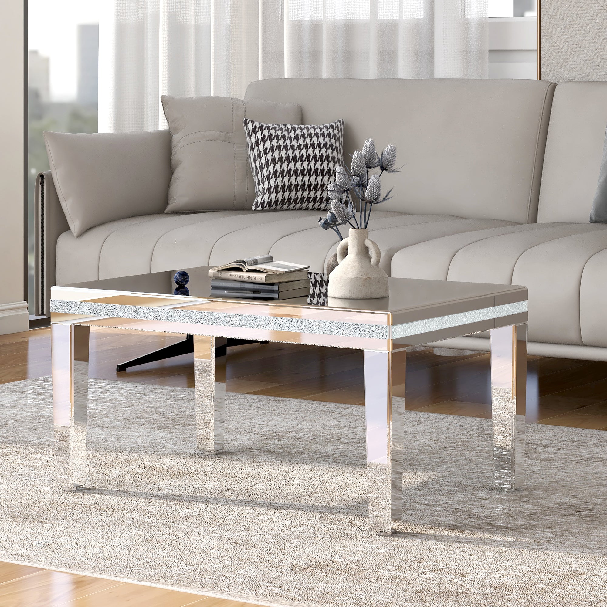 Modern Glass Mirrored Coffee Table | Adjustable Height