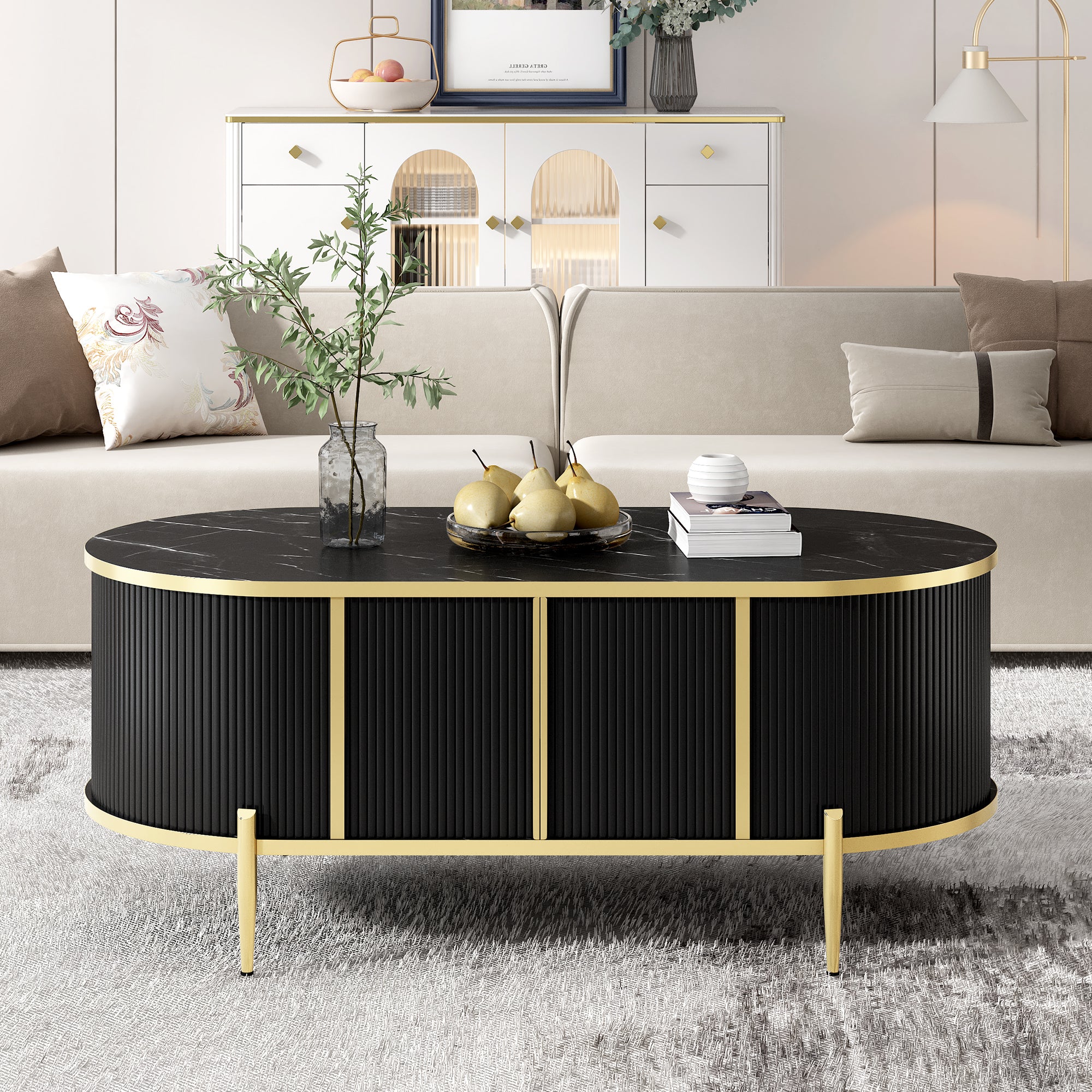 Oval Fluted Coffee Table: Marble Top, Black