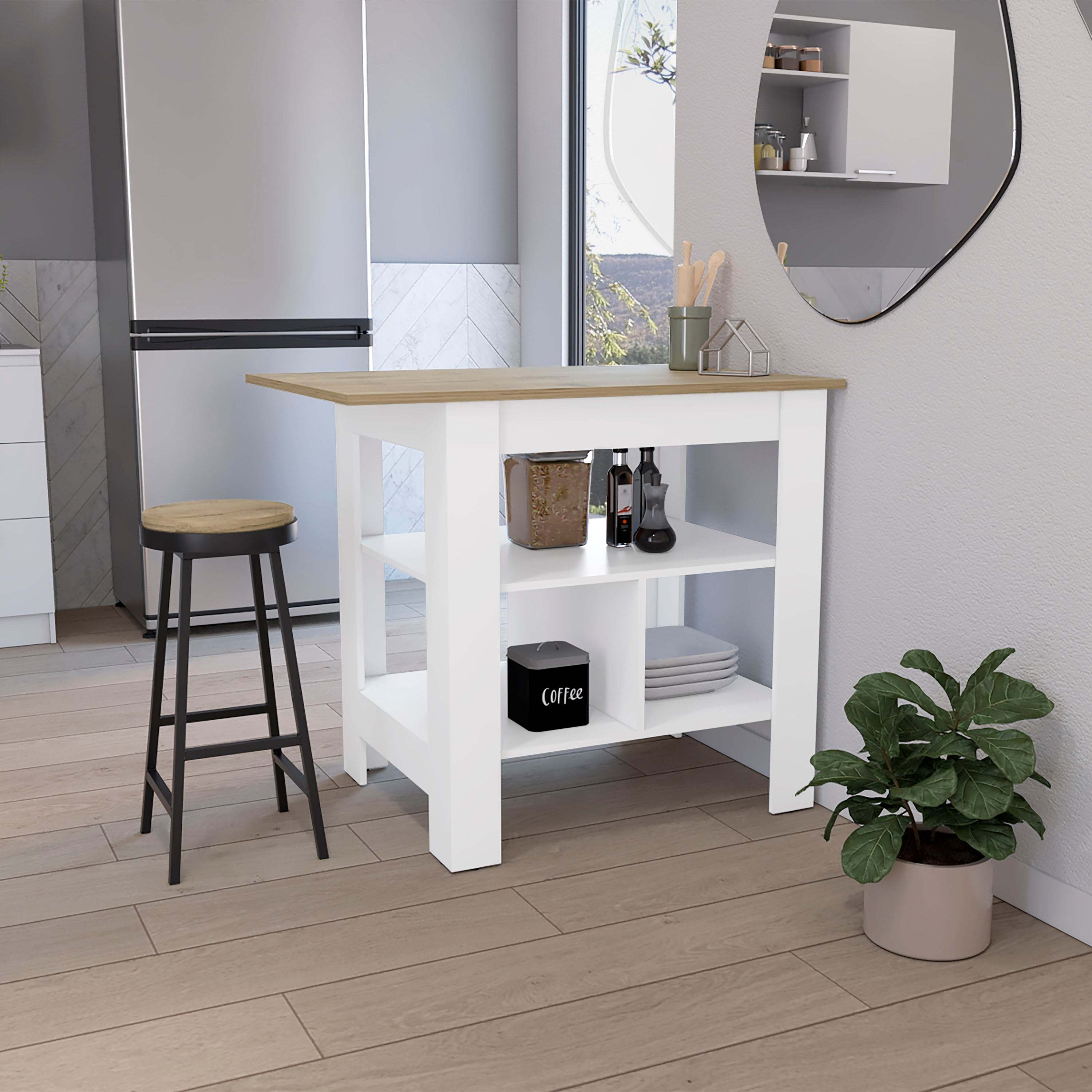 White Kitchen Island Table w/ 3 Shelves (35"H)