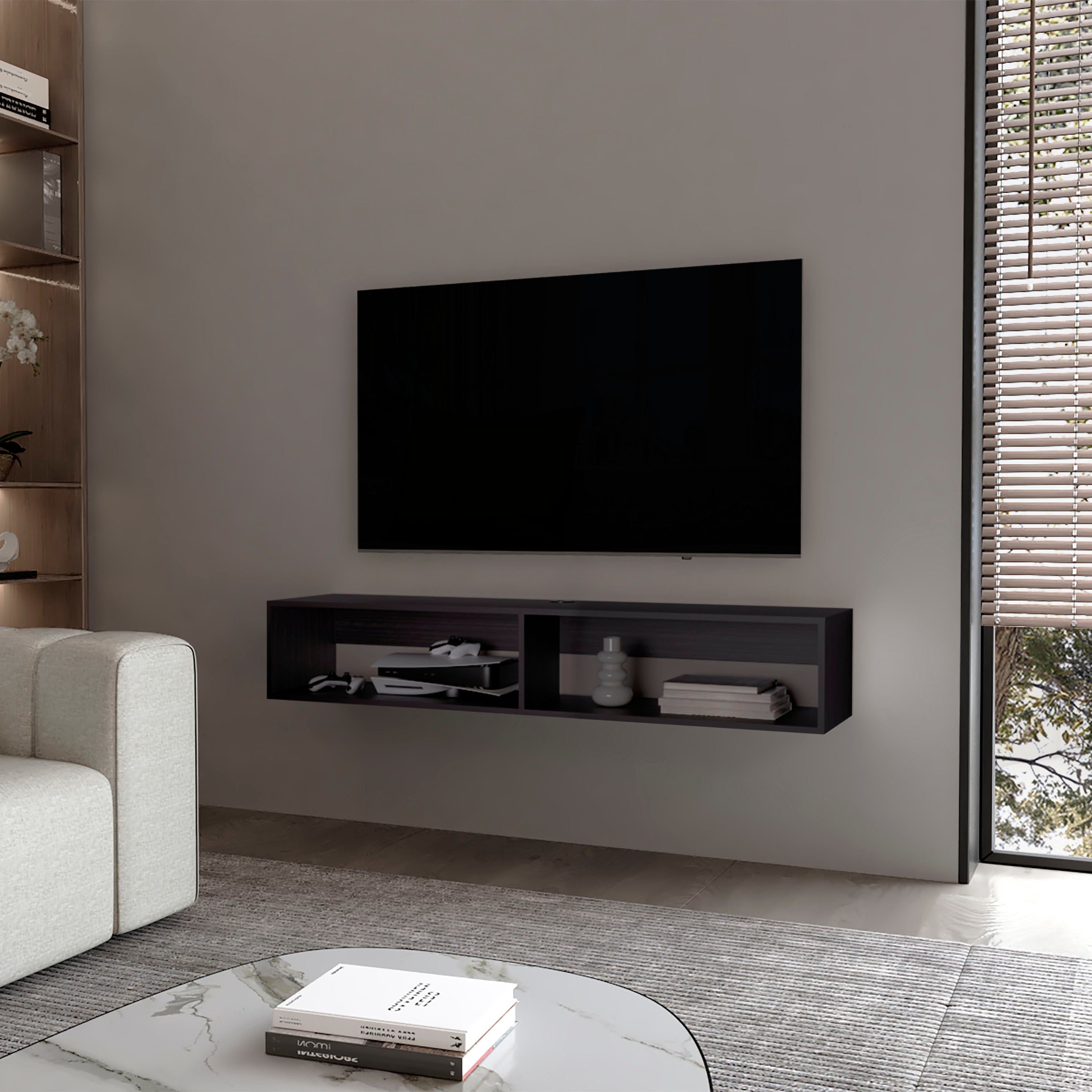 Central Floating Media Rack, Wenge Melamine, 2 Shelves