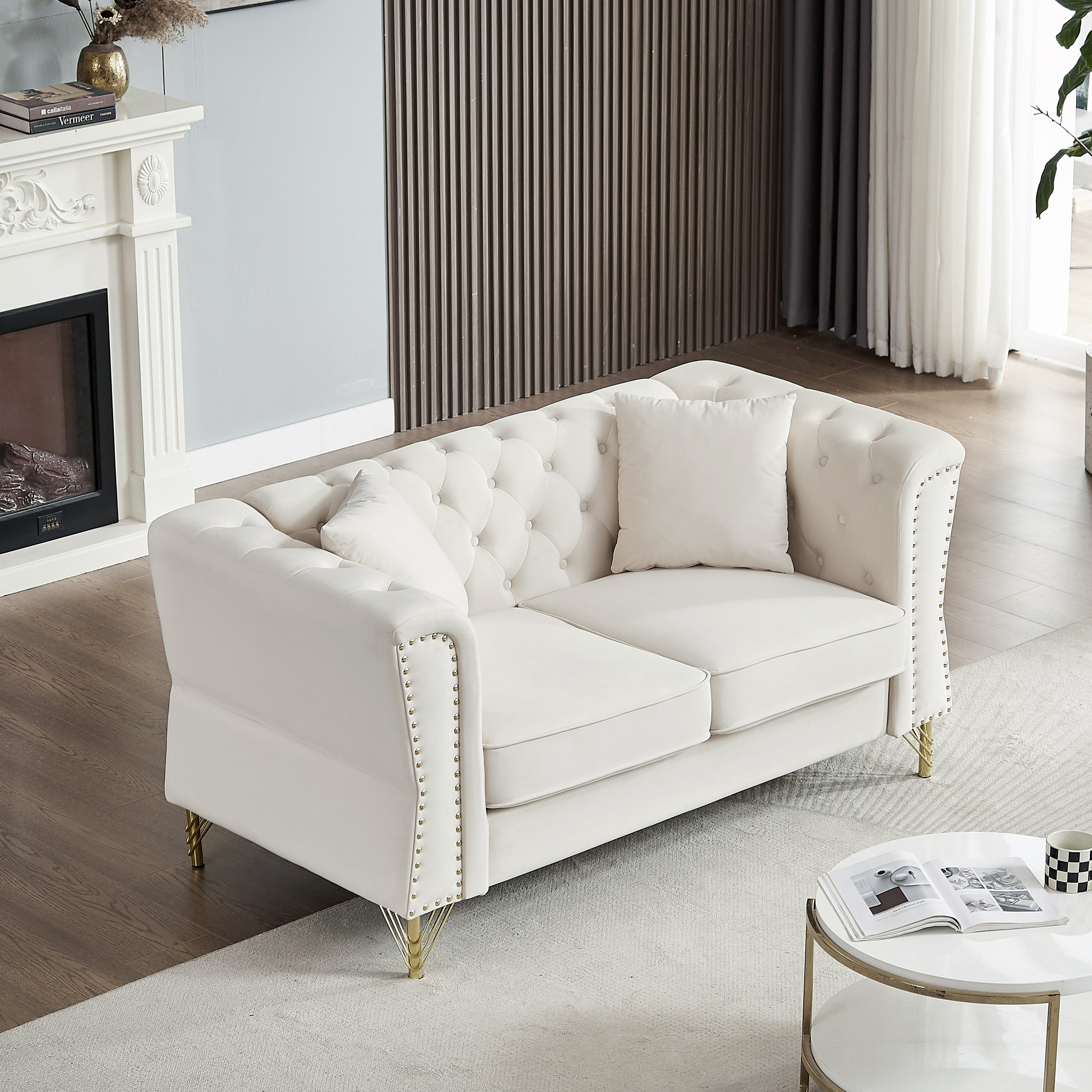 Beige Velvet Chesterfield Sofa: 60.2" 2-Seater