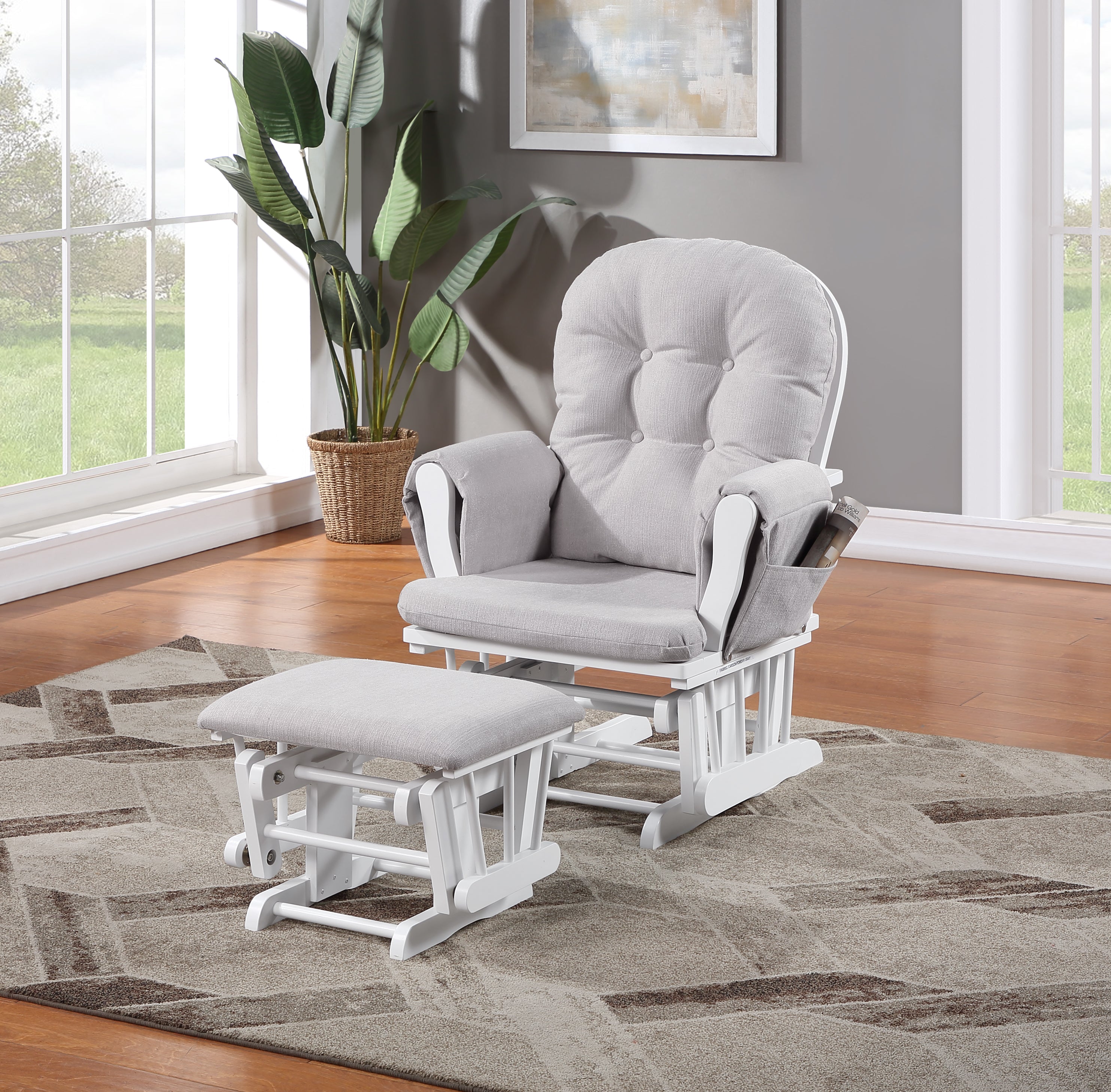 Mason Glider Ottoman: White Wood & Gray Fabric