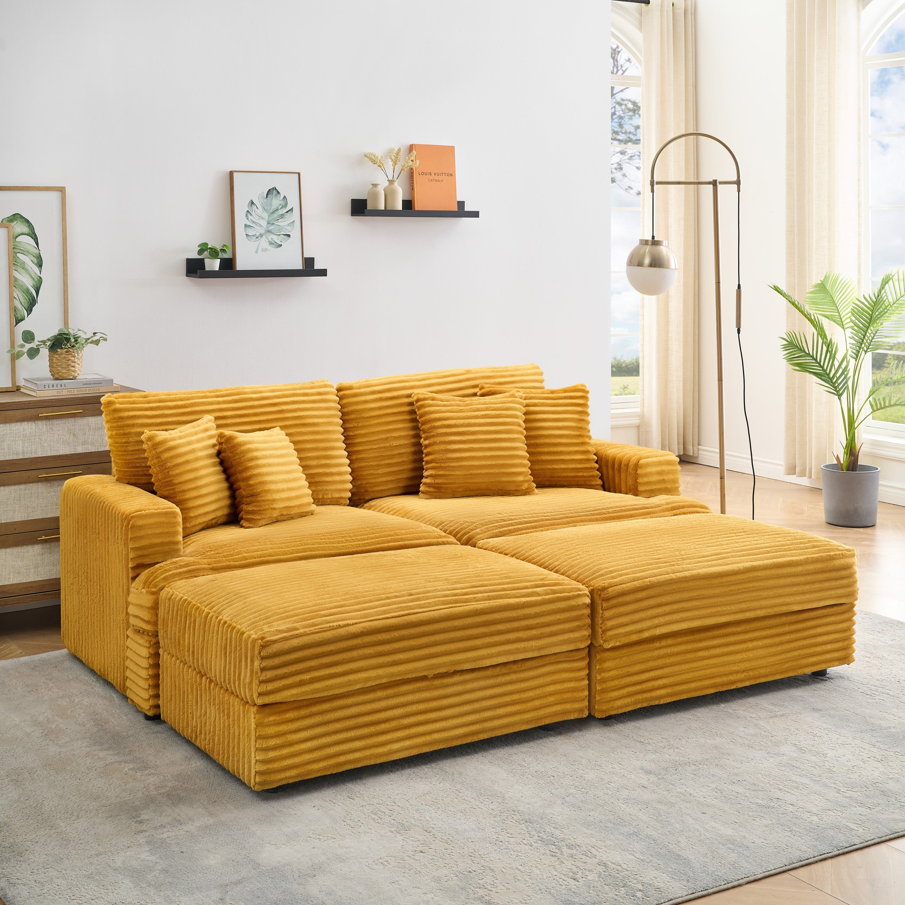 Orange Corduroy Sofa: 82" w/ Storage & Pillows