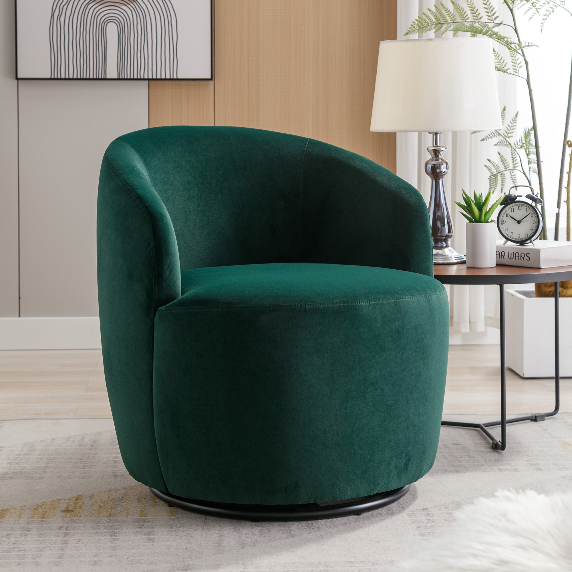 Green Velvet Swivel Barrel Chair with Metal Ring