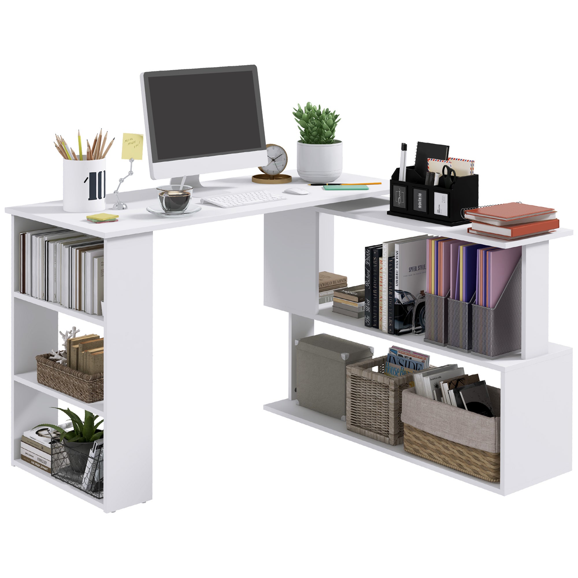 L-Shaped Corner Desk w/ Rotating Top & Shelves - White