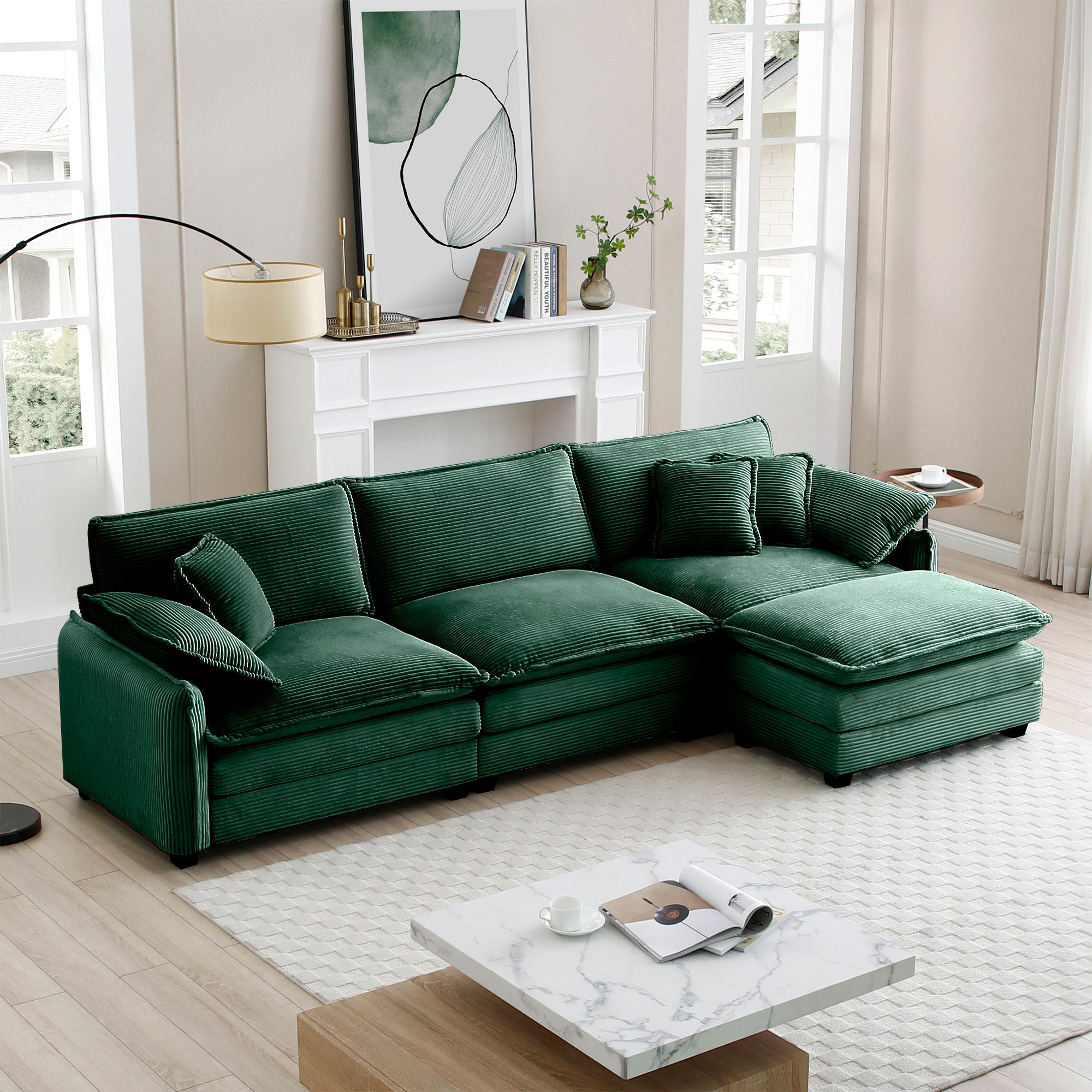 Oversized 3-Seater Corduroy Sectional Sofa w/ Ottoman (Green)