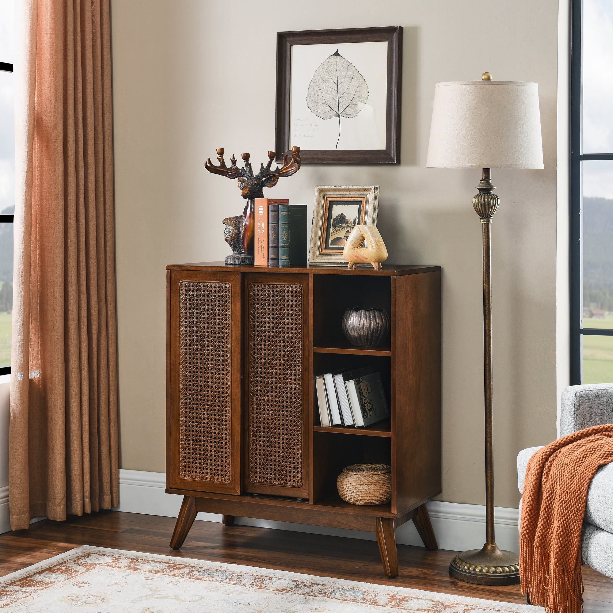 Mid-Century Rattan Sideboard:  Solid Wood & Adjustable Shelf