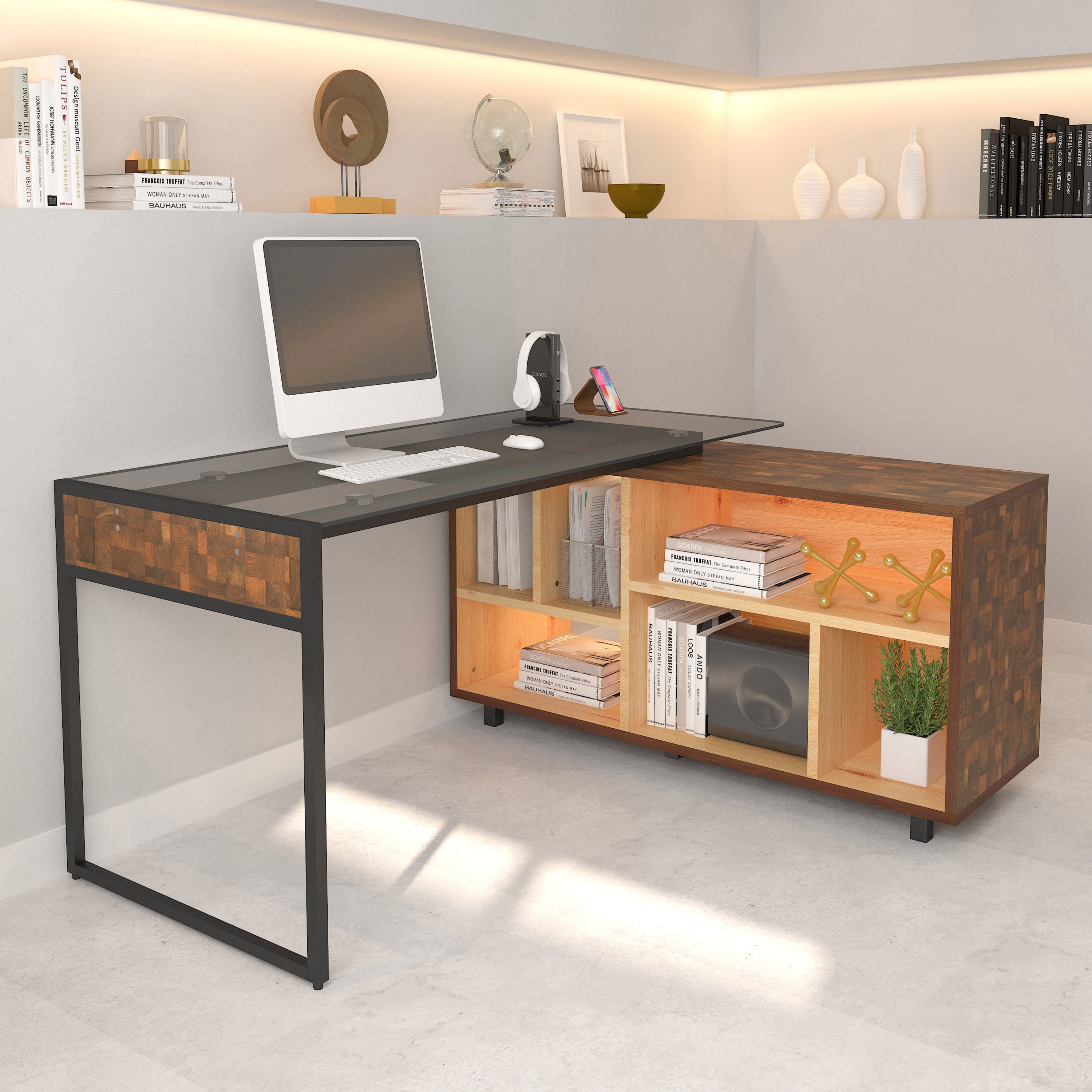 L-Shaped Oak Corner Desk w/ Storage | Home Office