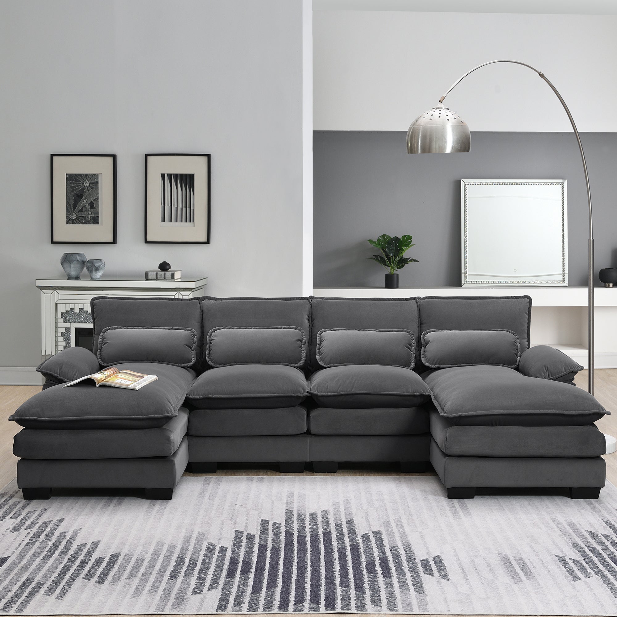Modern U-Shaped Sectional Sofa w/ Chaise & Pillows (5 Colors)
