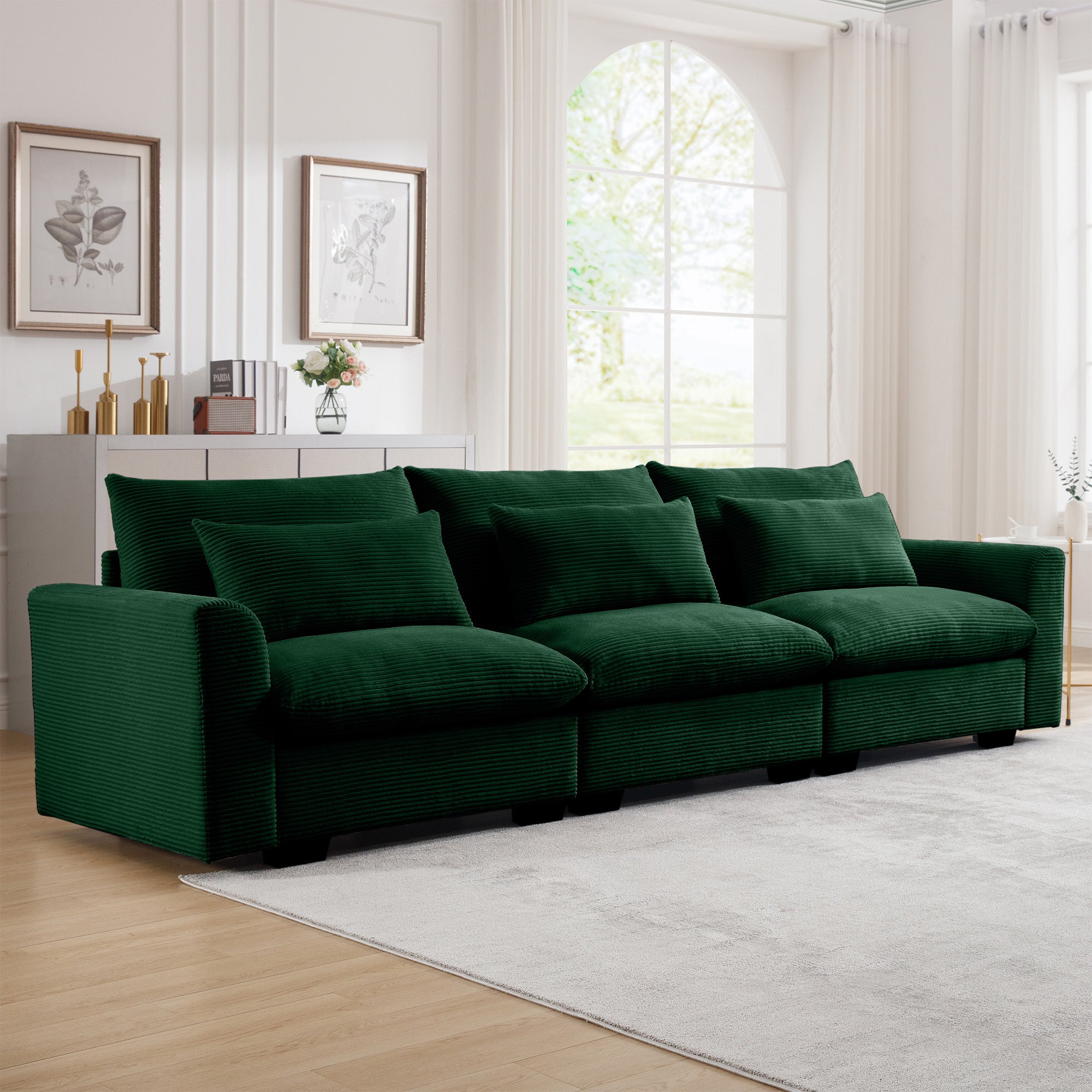 Deep 3-Seater Couch: Wide, Comfy Green Corduroy Sofa