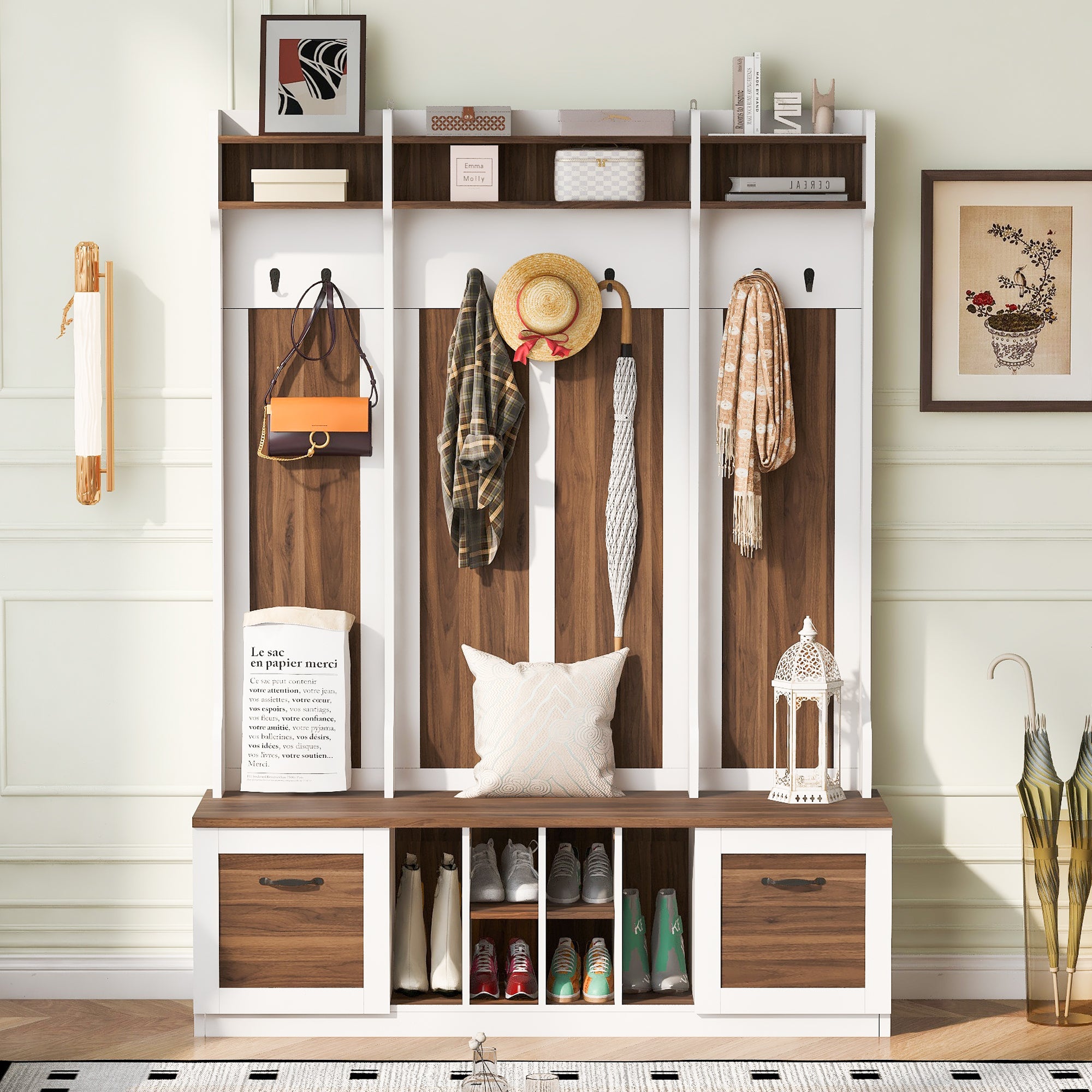 5-in-1 Entryway Bench w/ Coat Rack & Drawers