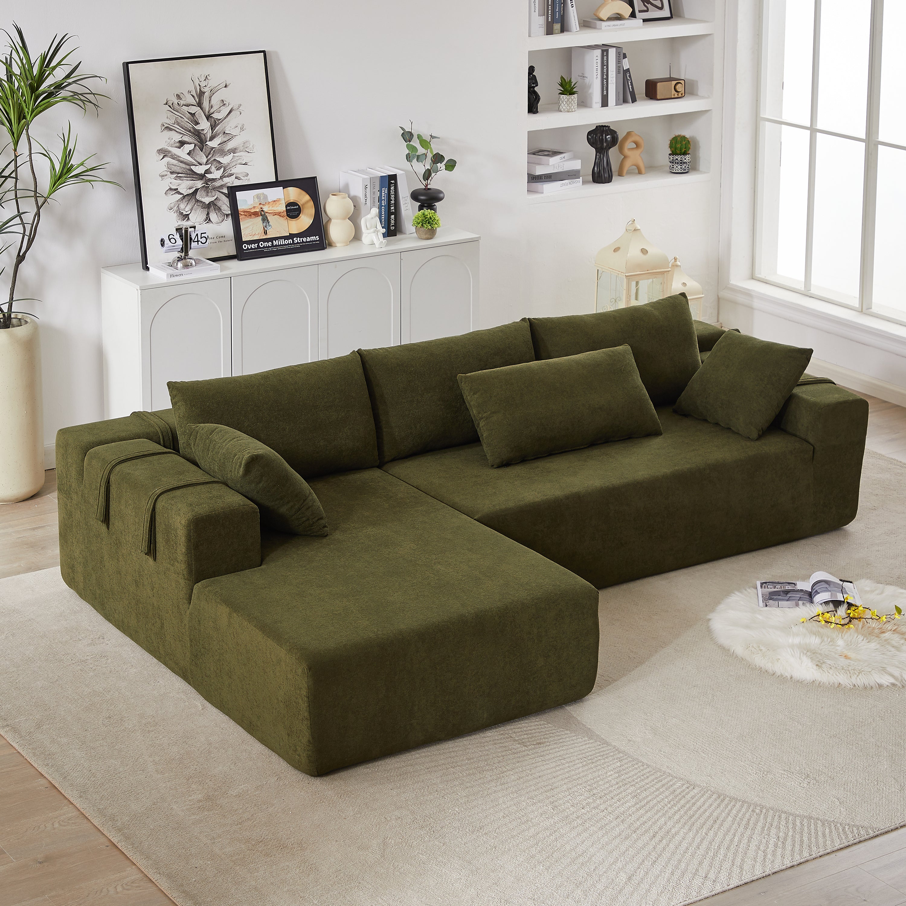 Modern Chenille Sectional Sofa, 108" L-Shape Couch w/ Pillows