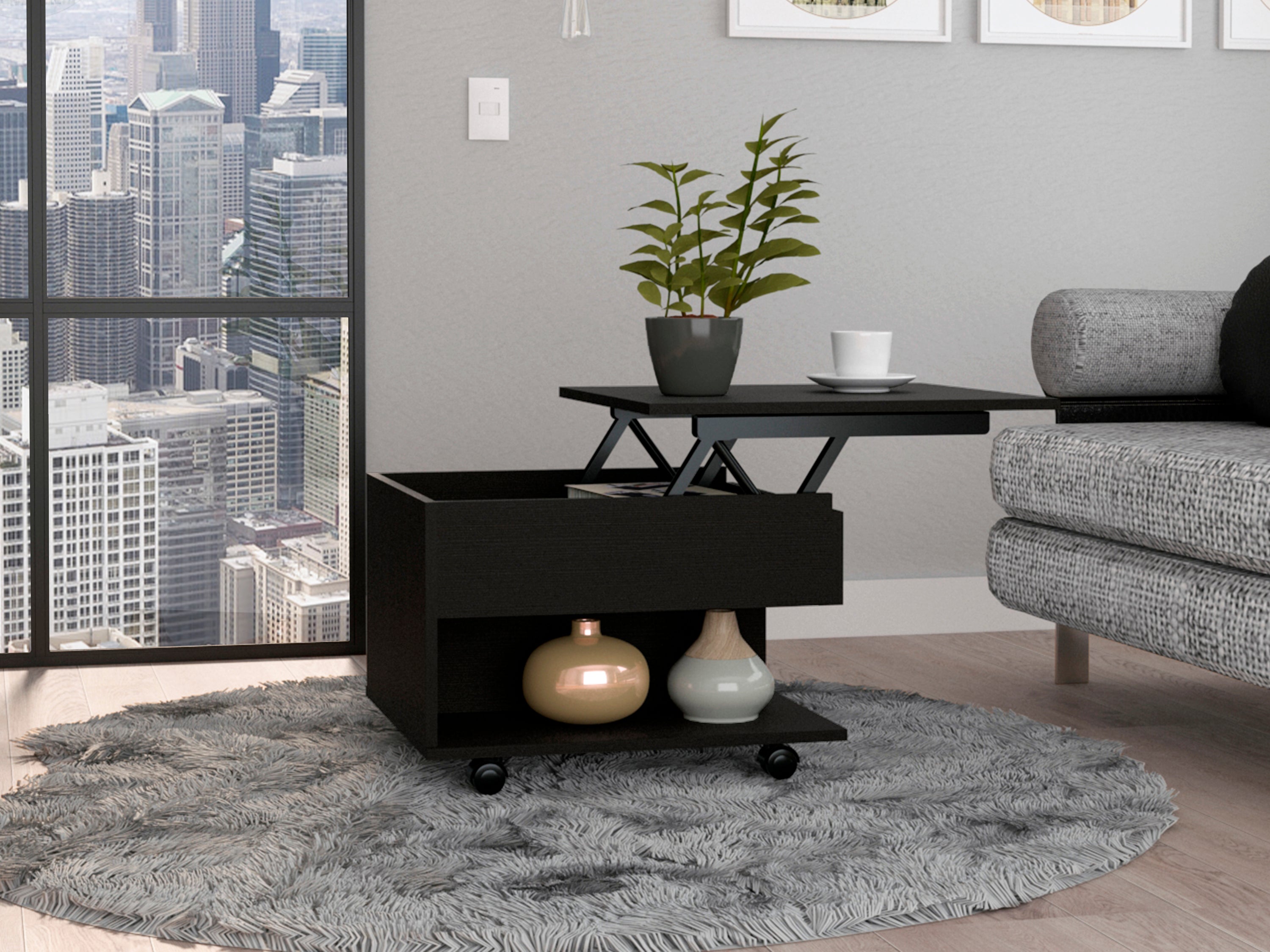 Black Wengue Lift-Top Coffee Table w/ Drawer & Shelf