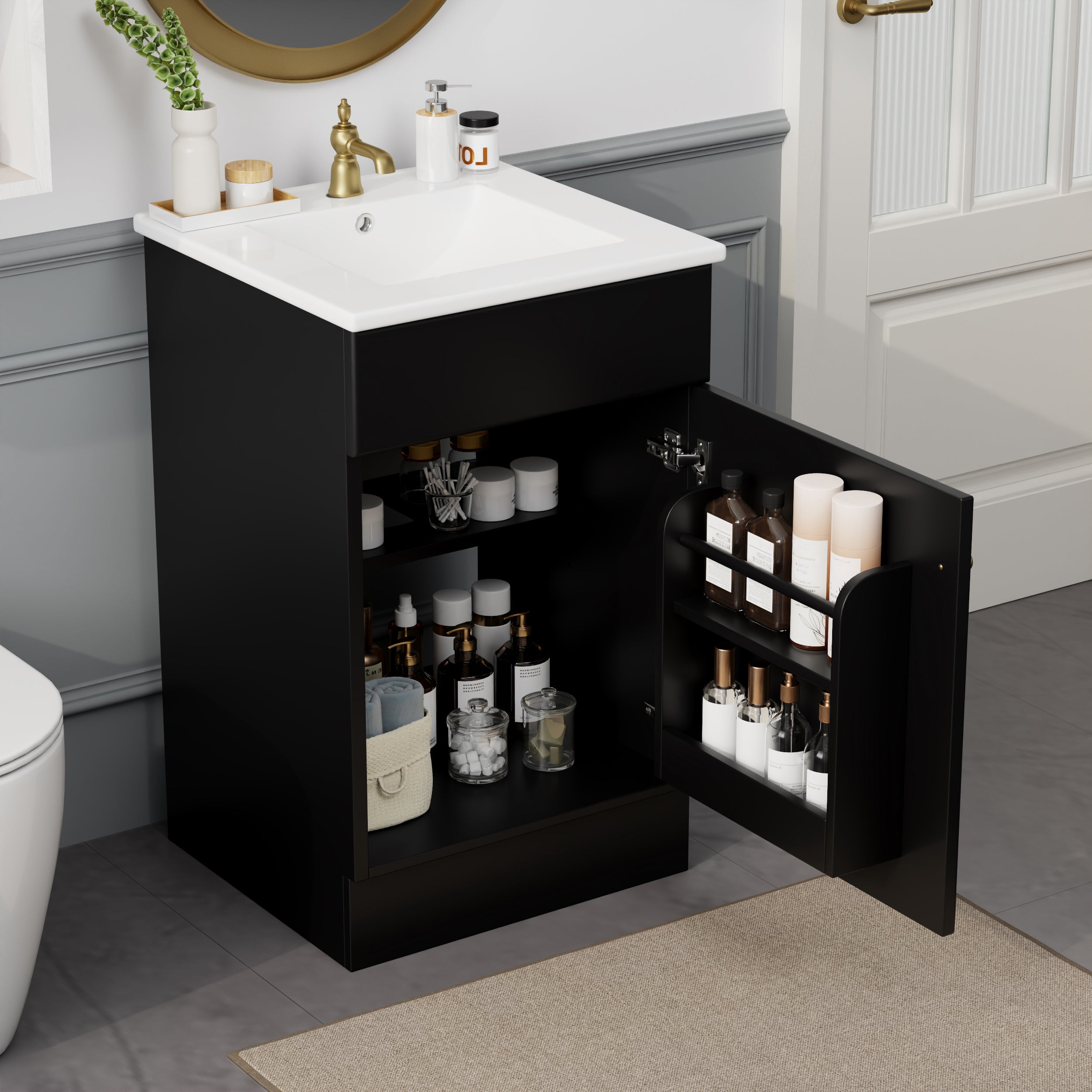 20" Black Bathroom Vanity with Sink & Shelves