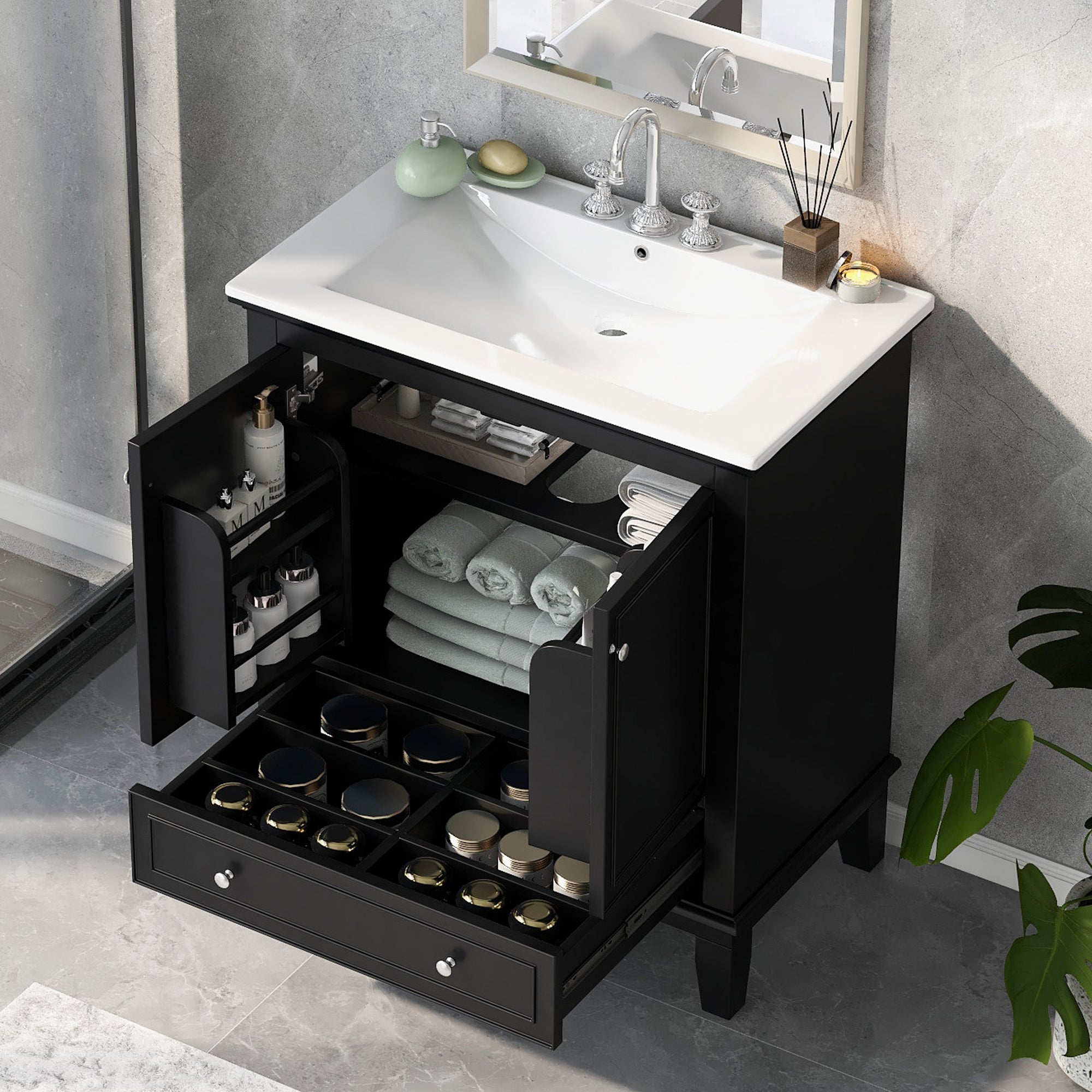 30" Black Bathroom Vanity with Sink & Storage