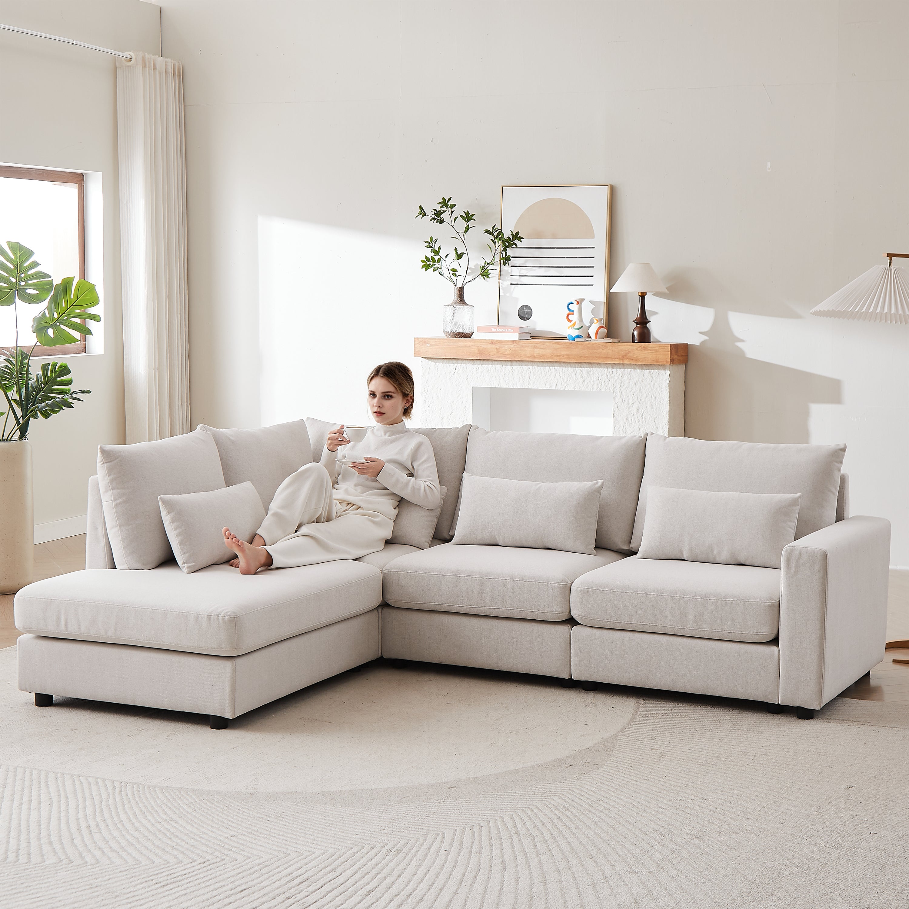 Beige Linen L-Shaped Sofa with Ottoman