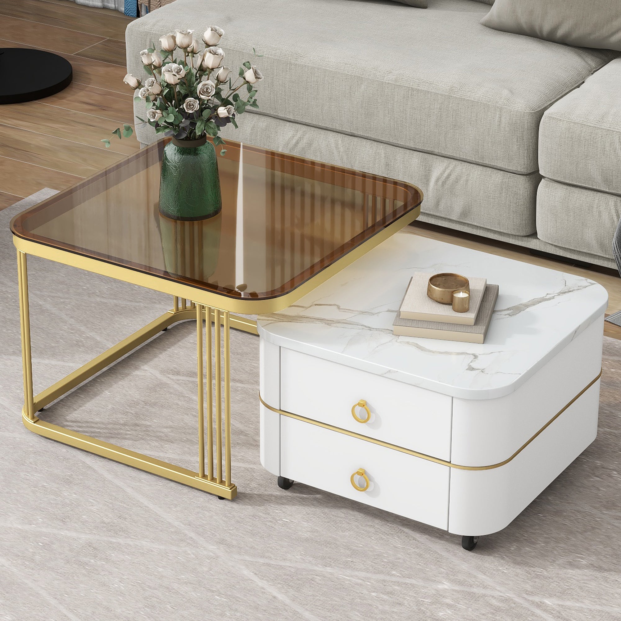 Modern 2-in-1 Coffee & Side Table Set with Wheels