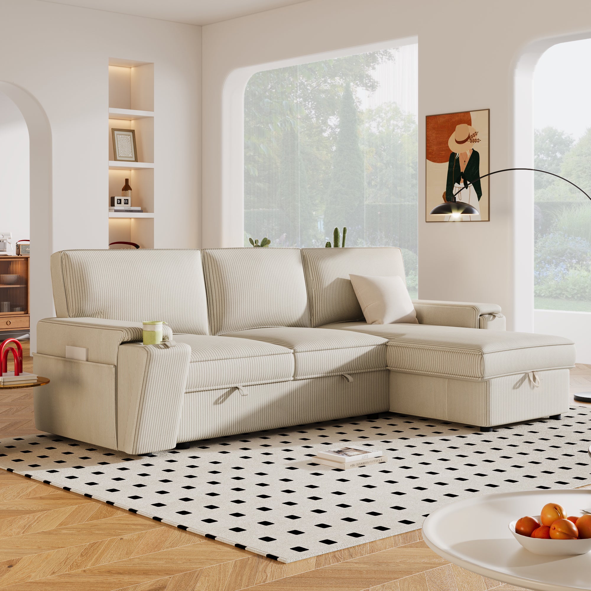 U_STYLE Sleeper Sectional Sofa w/ Storage & Cup Holders