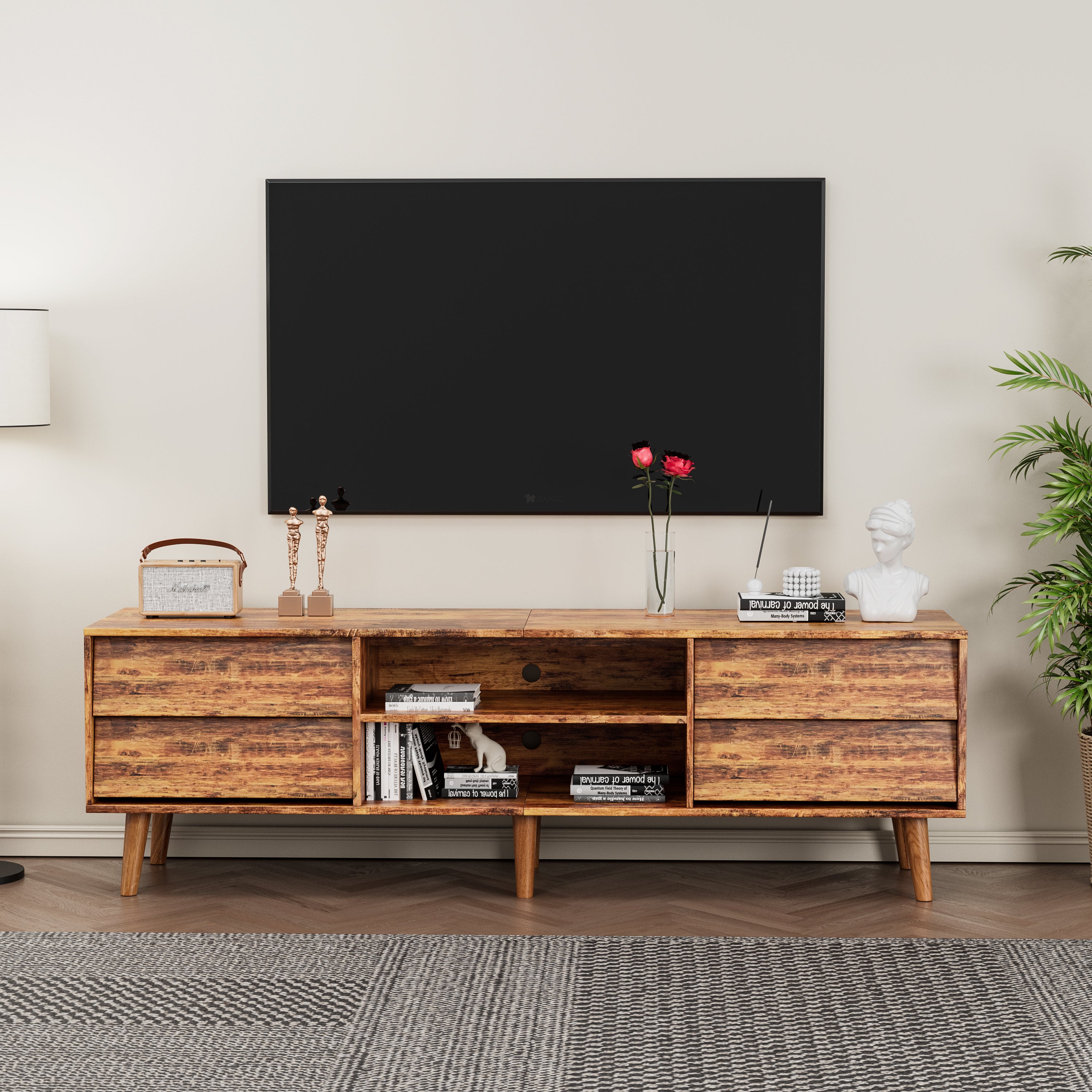 63" Vintage TV Stand w/ Drawers | Entertainment Center