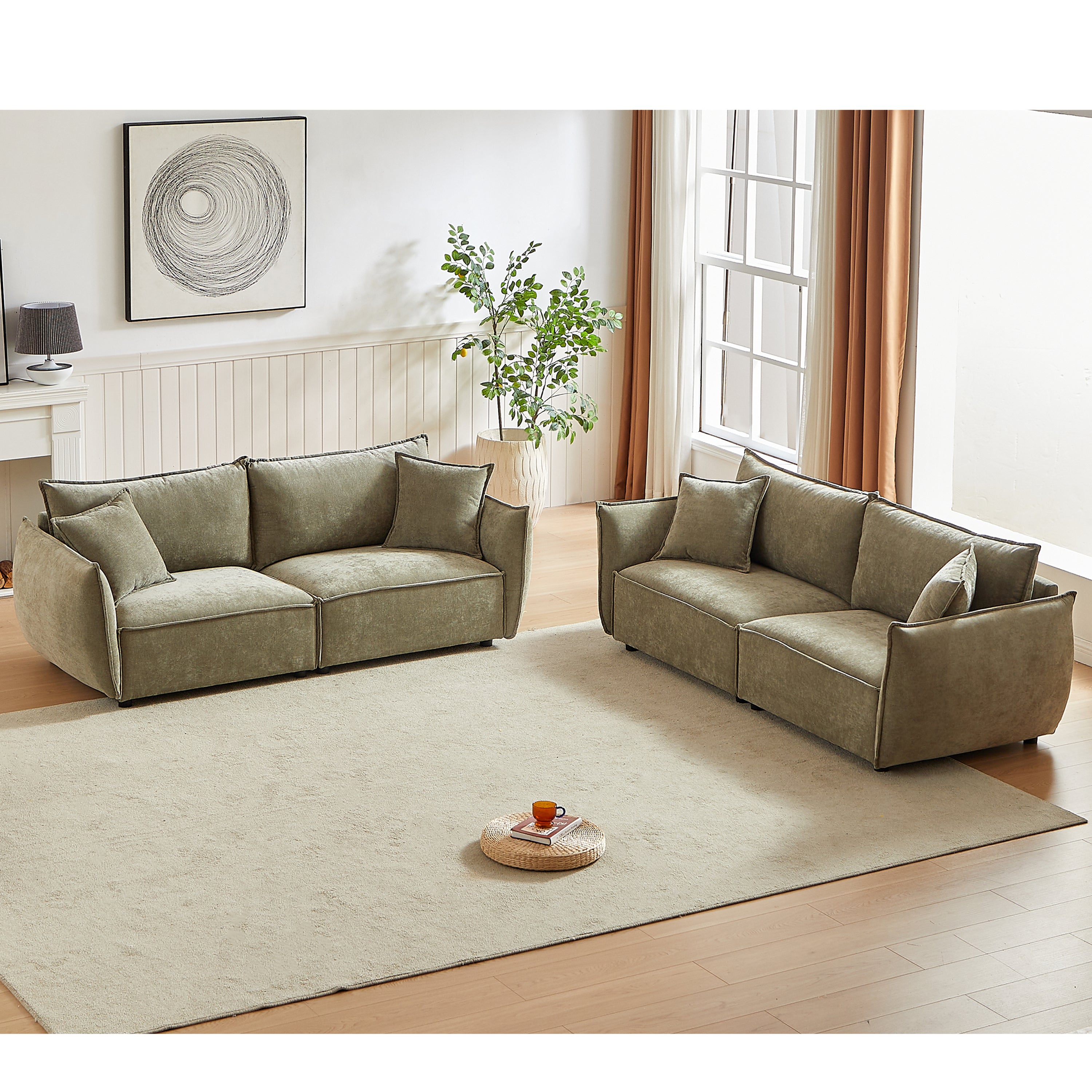 Modern 3-Seater Sofa Set: Linen & Wood