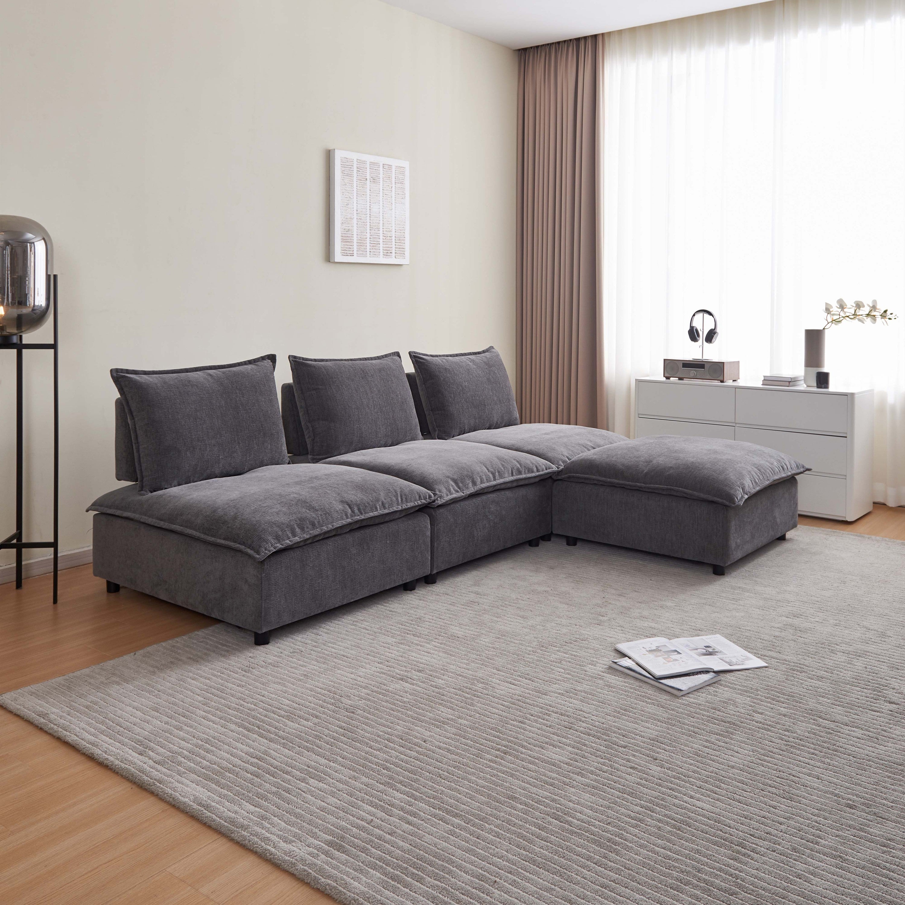 Modern Armless L-Sectional Sofa with Ottoman