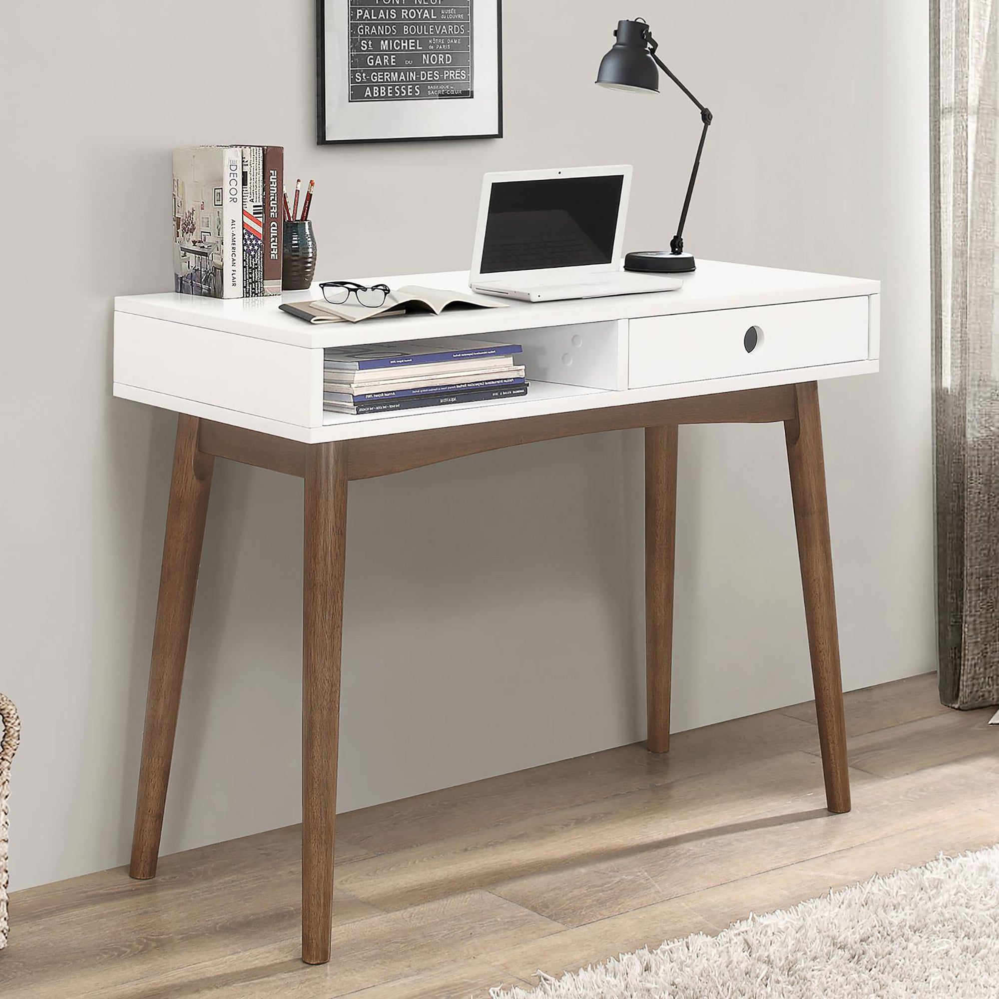 White & Walnut 1-Drawer Writing Desk | Modern Desk