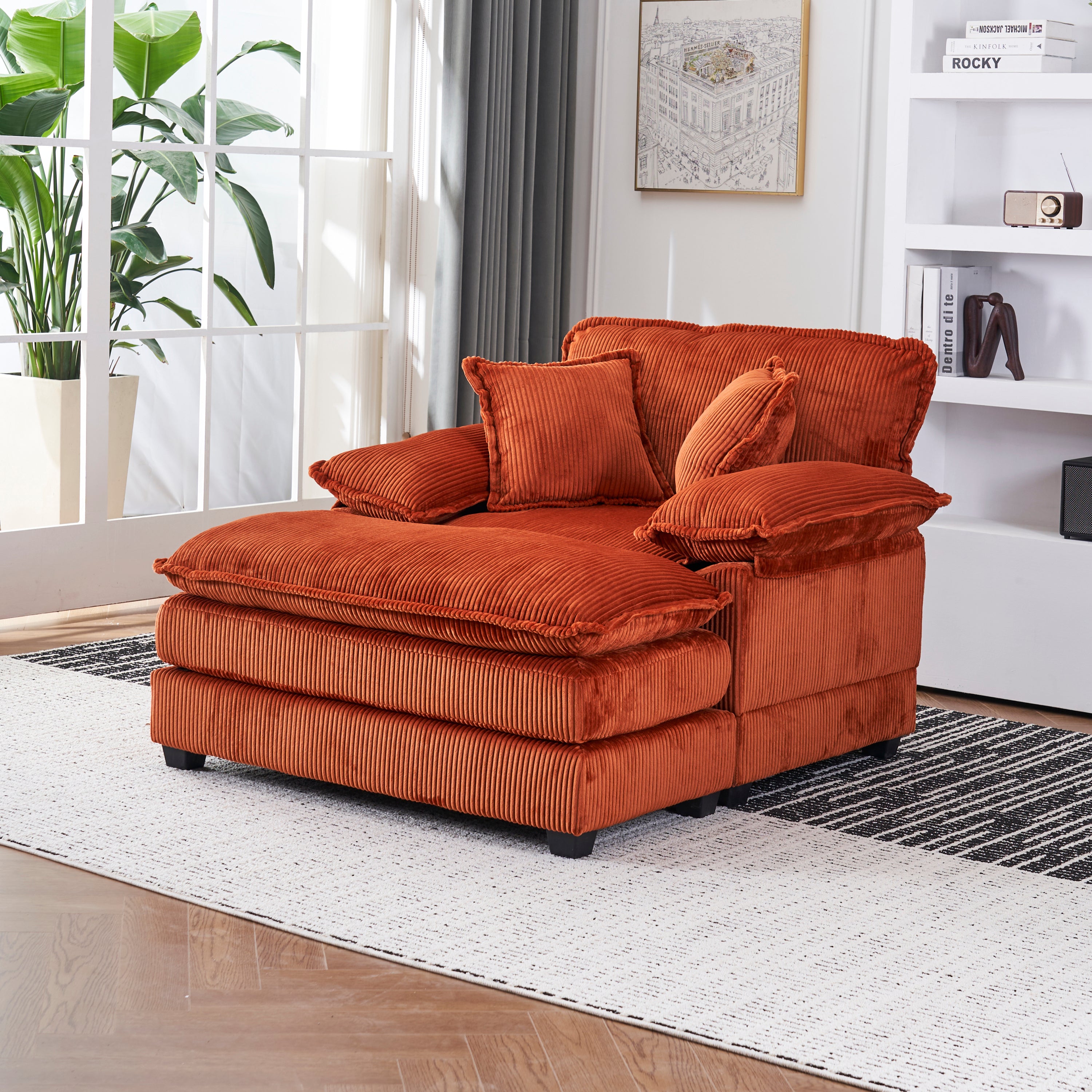 Comfy Deep Seat Corduroy Sofa with Ottoman