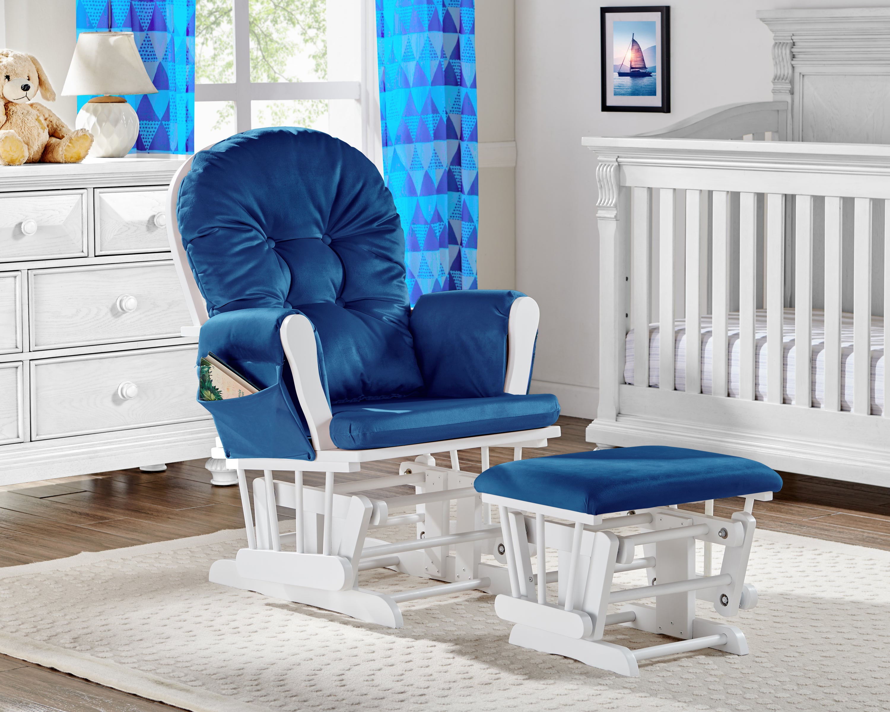 Mason Glider & Ottoman | White Wood & Navy Fabric