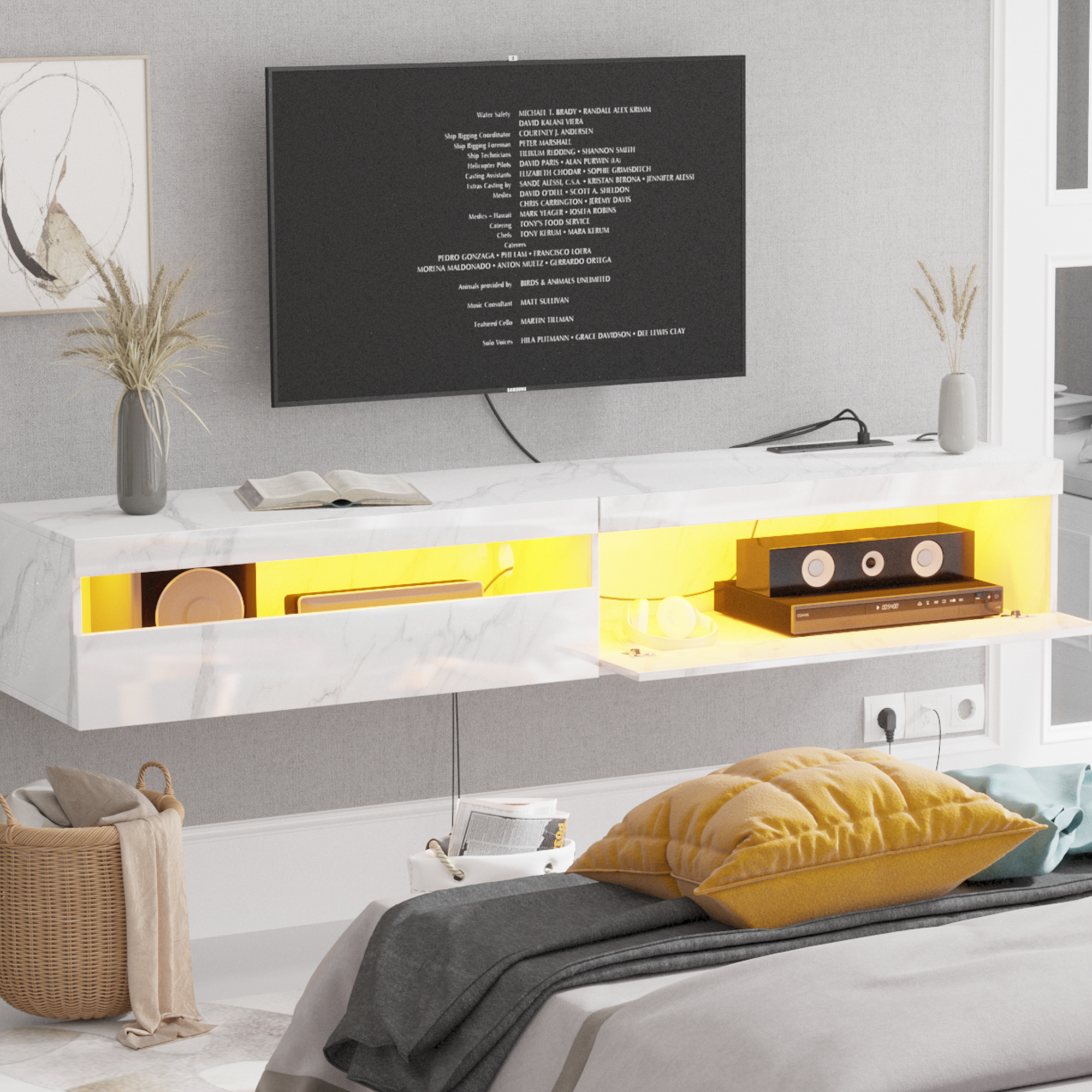 Floating TV Stand, Wall TV Cabinet with Led Lights & Power Outlet, 71' Modern Entertainment Center Media Console with Storage, TV Stand for TV Up to 80inch