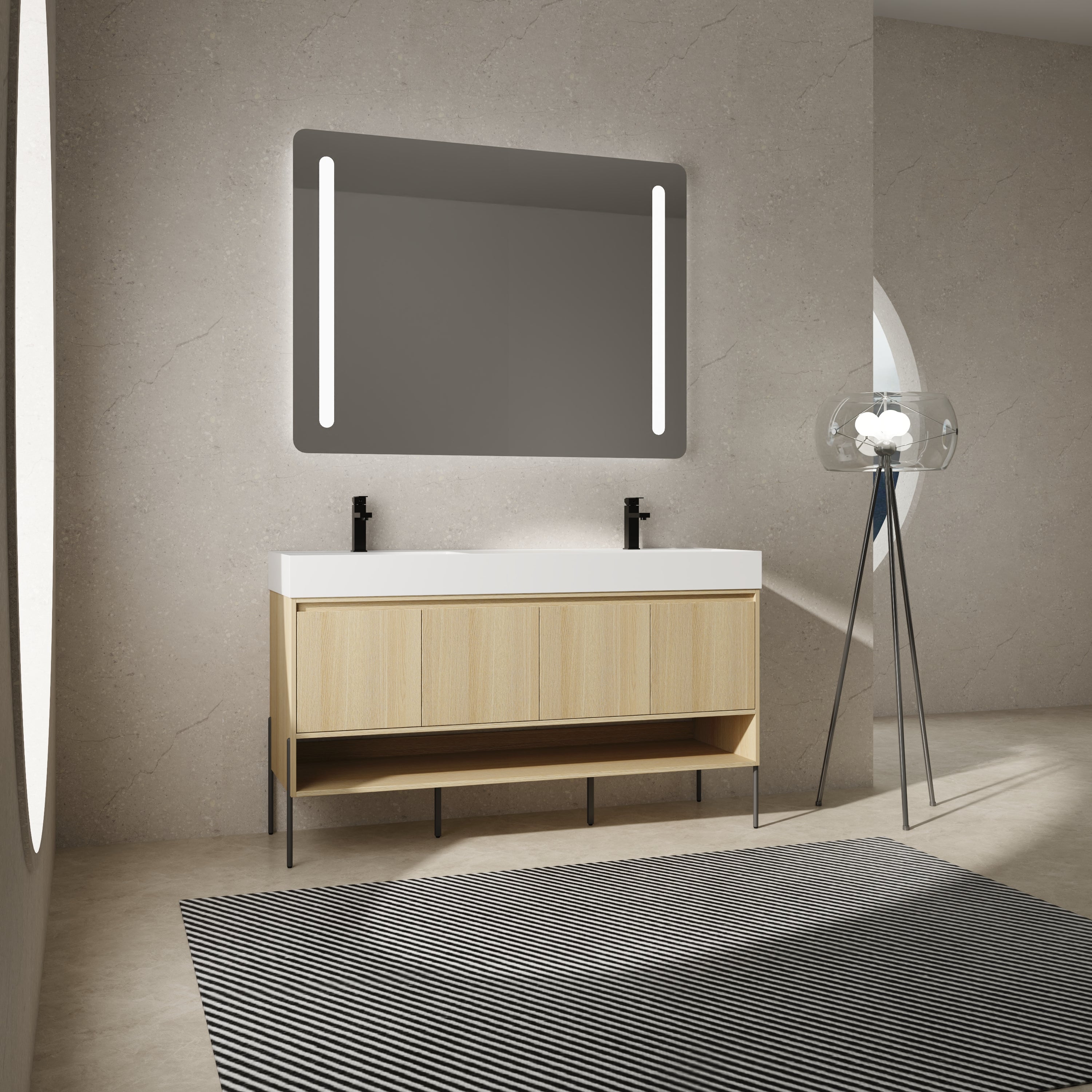 Modern 60" Oak Vanity: 4-Door Storage, Resin Sink