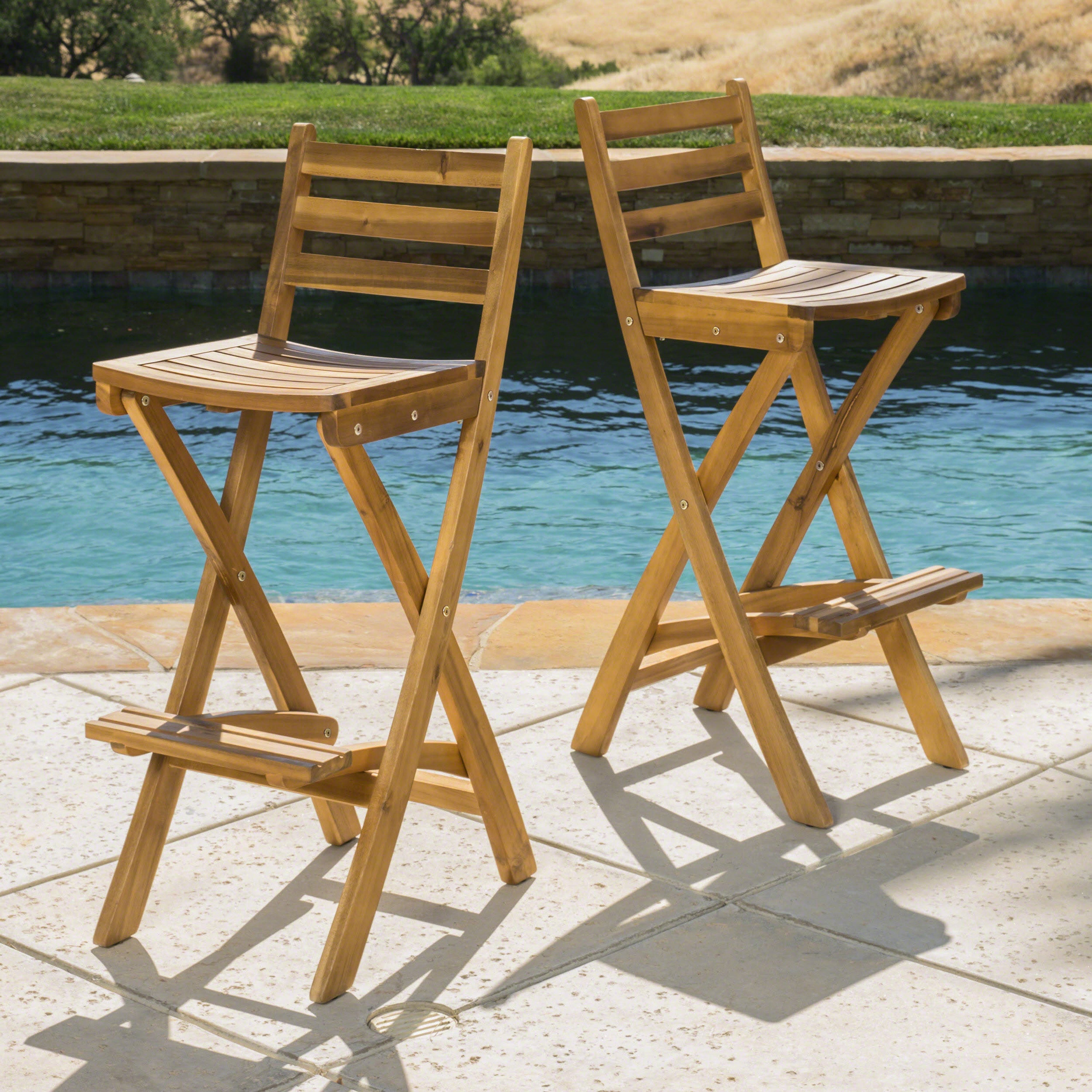 Acacia Wood Folding Patio Bar Stools (Set of 2)